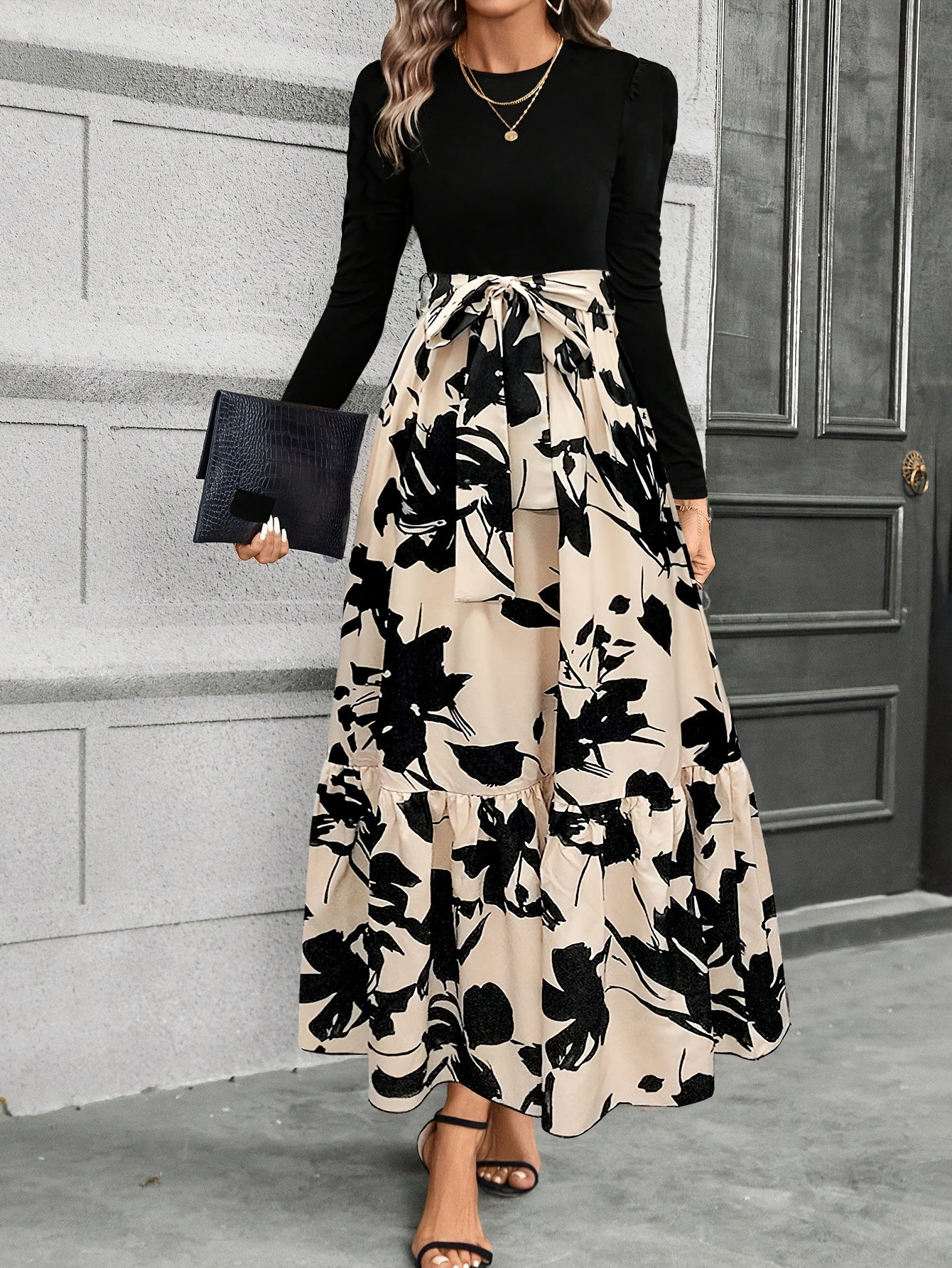 Elegant Floral A-Line Midi Dress for Women Crew Neck, Long Sleeve, P Elegant Floral A-Line Midi Dress for Women Crew Neck, Long Sleeve, P