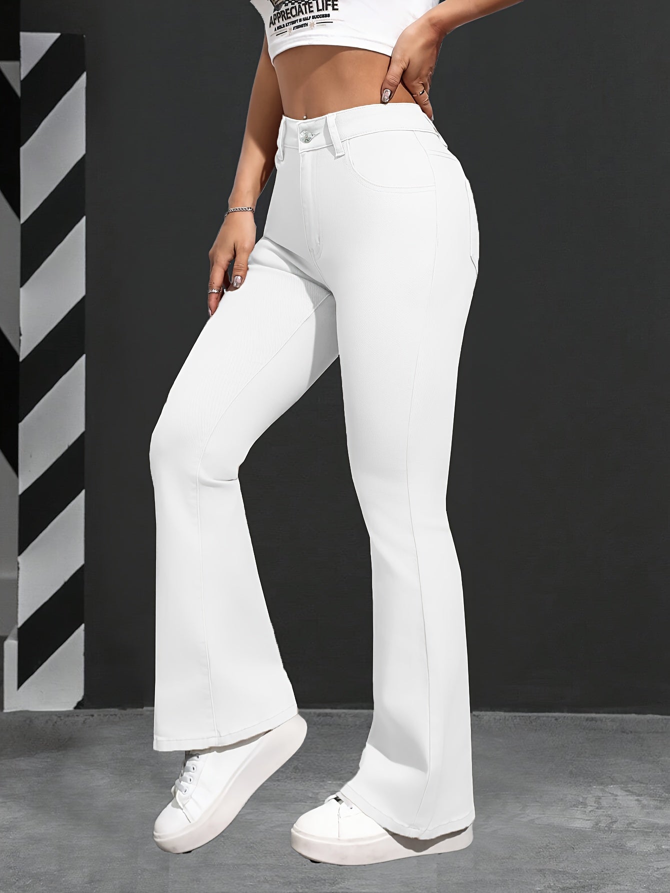 Elegant White Stretch Flare Jeans for Women - Cotton Blend, Button Closure, Non-See-Through, All-Season Wear