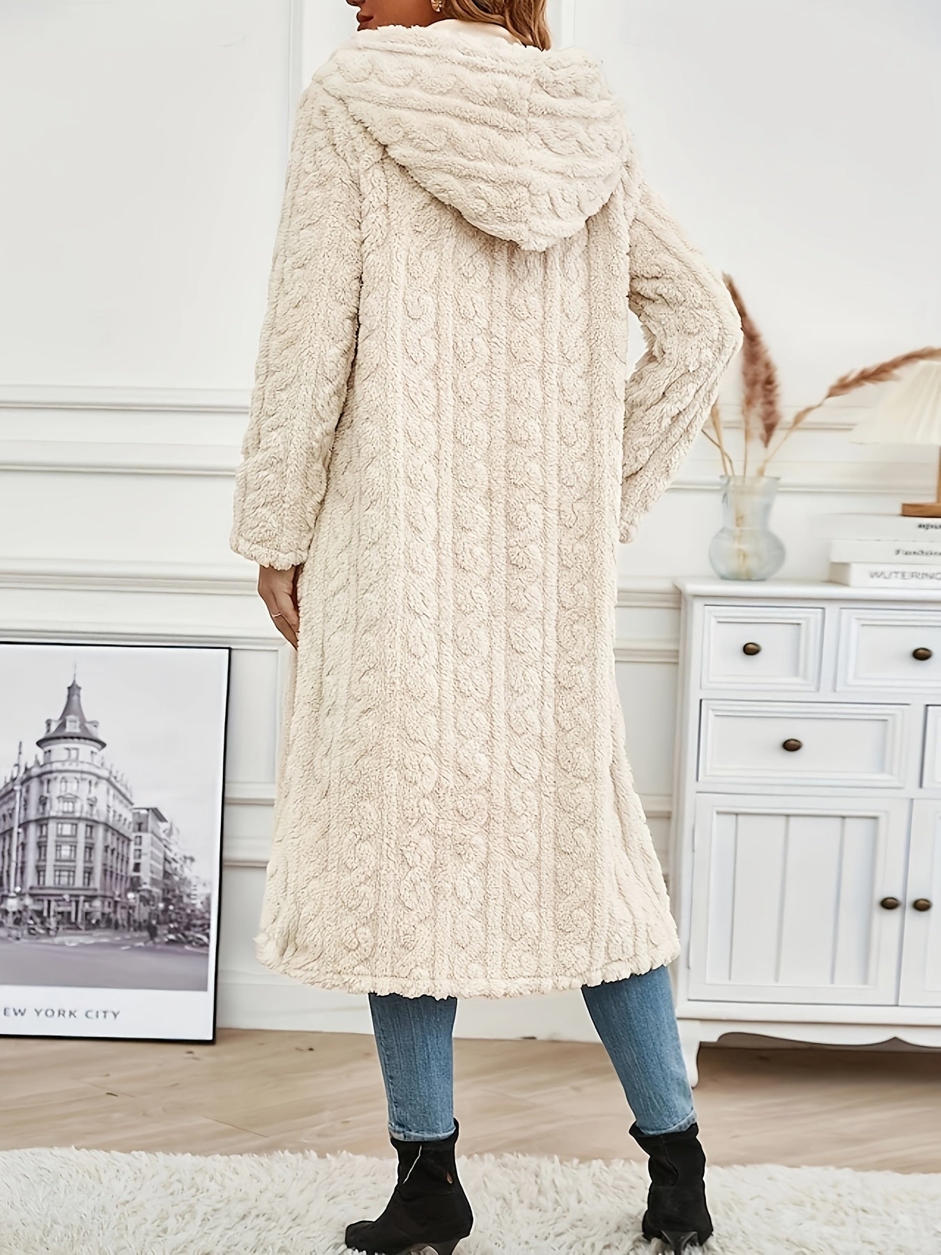 Elegant Fleece-Lined Hooded Knit Coat for Women – Cozy Casual Style with Button Details