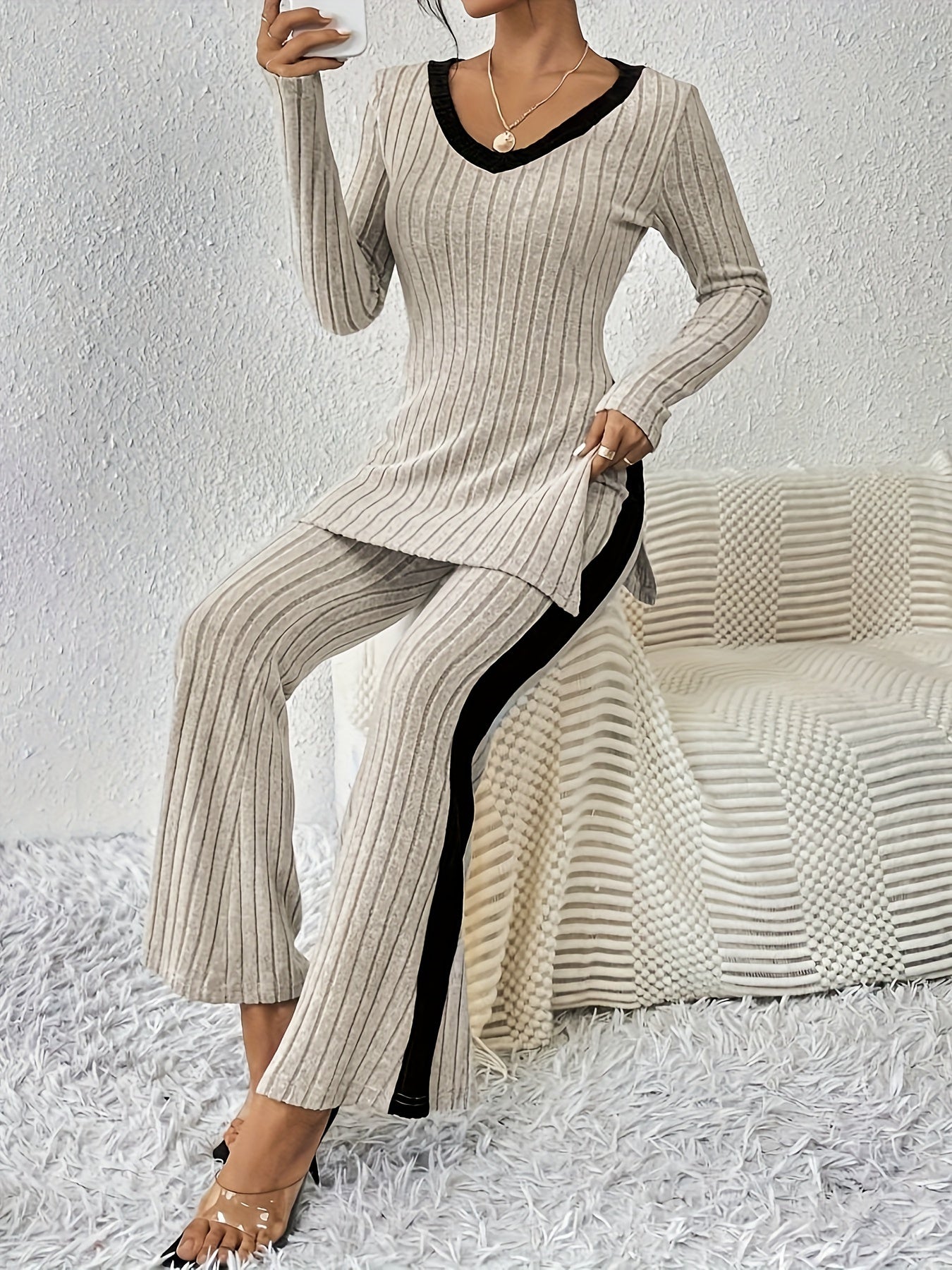 Color Block Rib Knit Pantsuit - Stylish Long Sleeve V-Neck Split Hem Top & Flare Leg Pants Outfit for Women