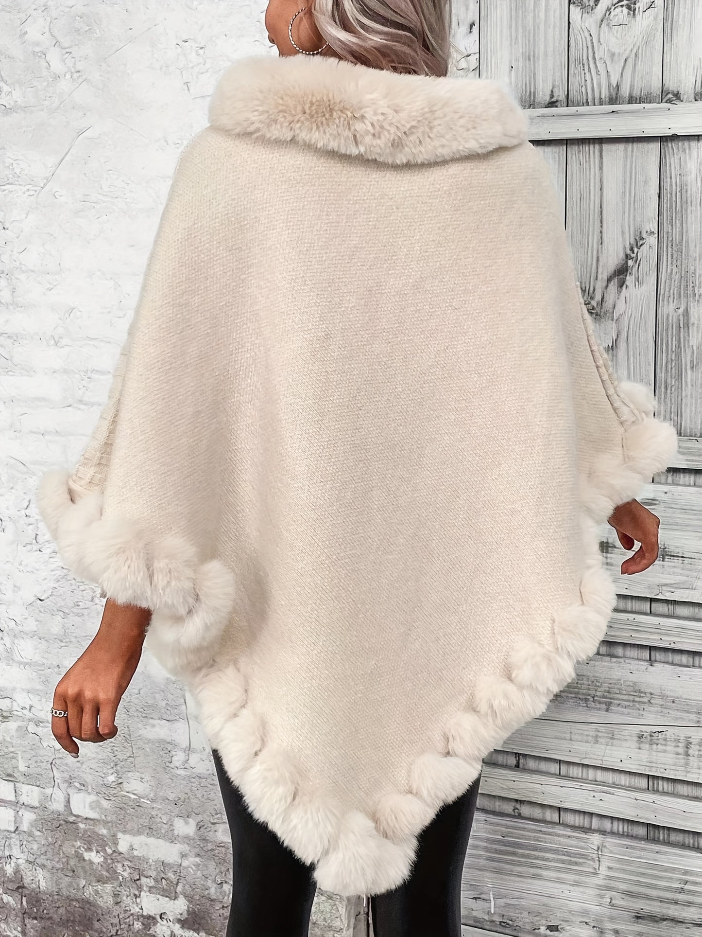 Women's Elegant Cream Knit Sweater with Faux Fur Trim - High Neck, Batwing Sleeves, Cozy Autumn/Winter Pullover