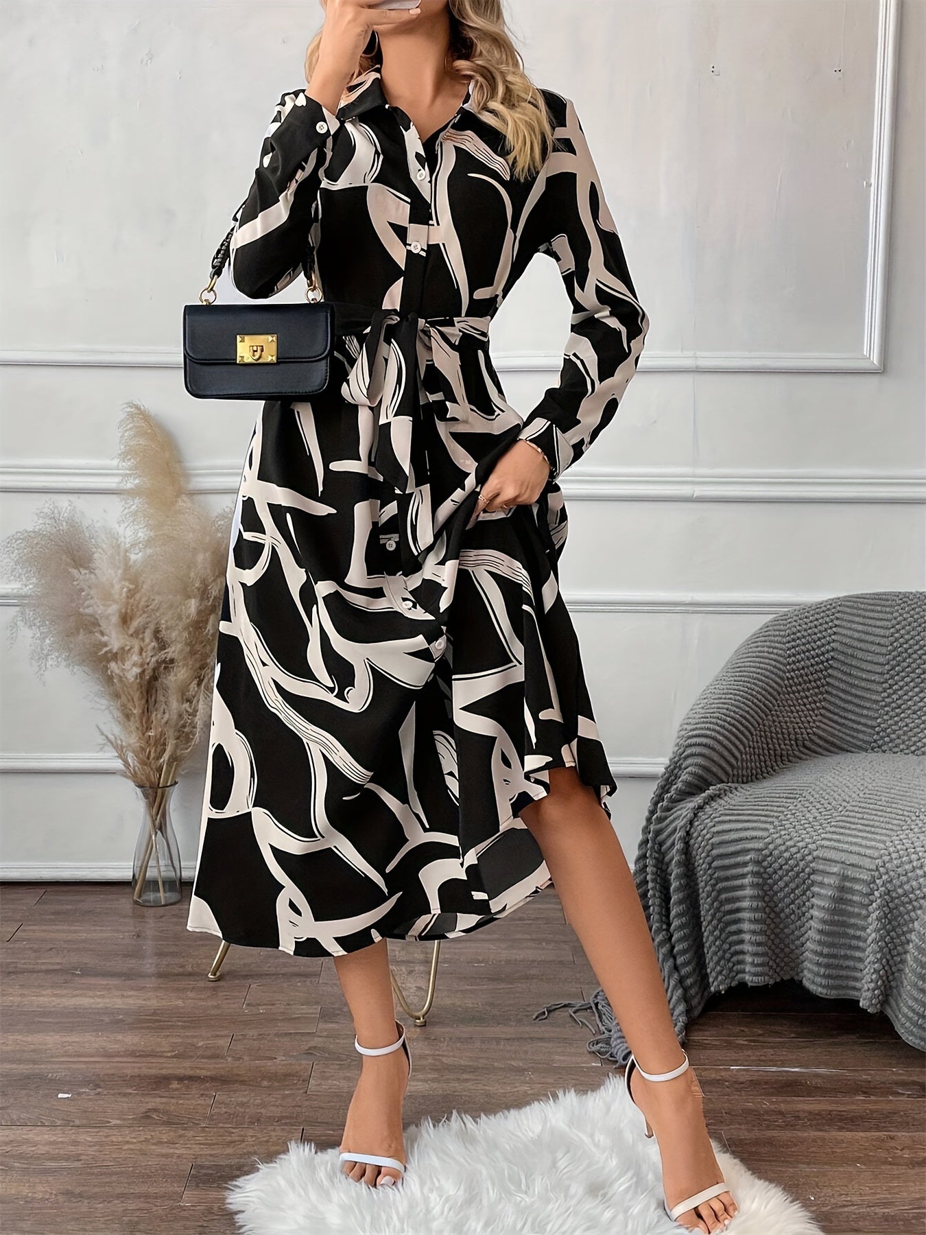 Women's Casual Printed Midi Dress with Belt – Long Sleeve Polo Collar, Loose Fit, Straight Hem, Perfect for Spring and Fall