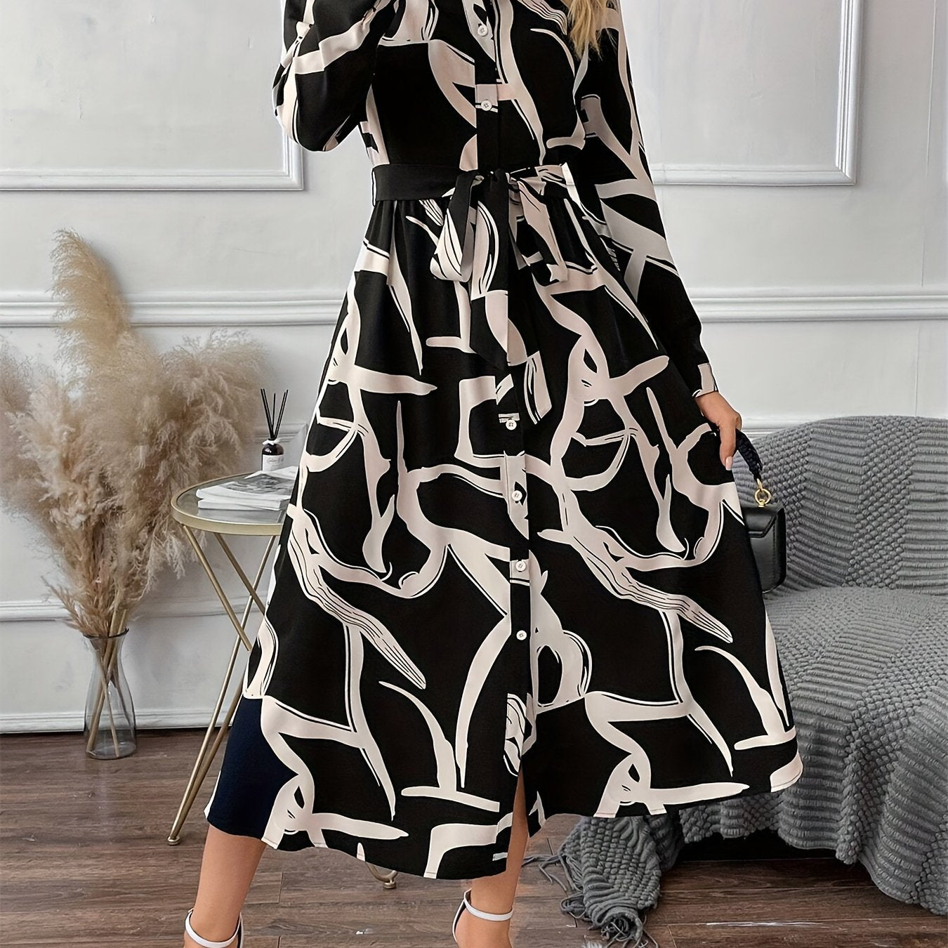 Women's Casual Printed Midi Dress with Belt – Long Sleeve Polo Collar, Loose Fit, Straight Hem, Perfect for Spring and Fall