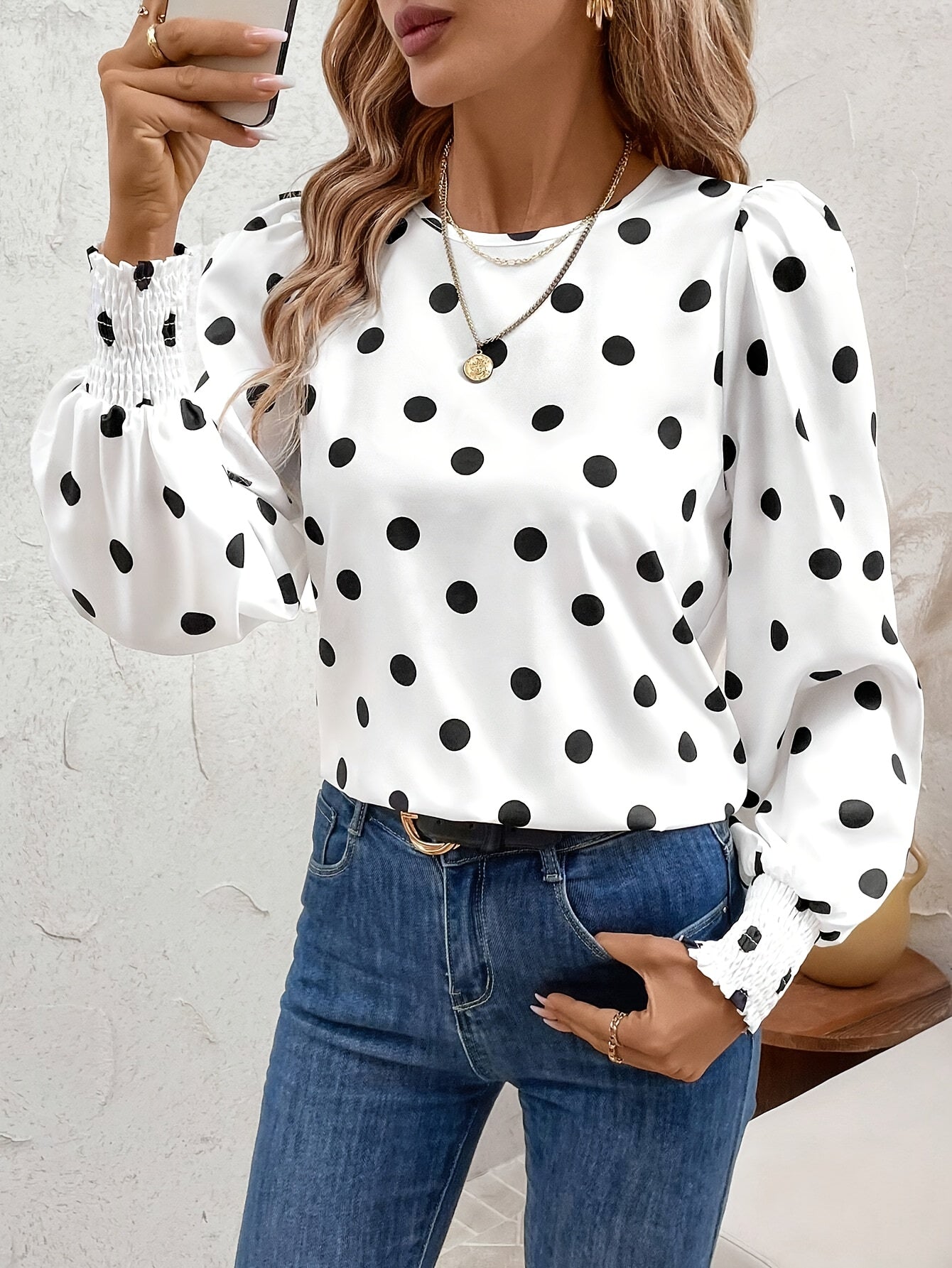 Polka Dot Print Crew Neck Blouse - Elegant Long Sleeve Ruffle Trim Top for Spring & Fall, Black & White, Lantern Sleeve