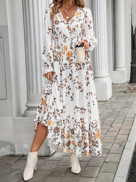 Print Long Dress with Cinched Waist – V-Neck, Ruffle Hem, Machine Washable Polyester, Perfect for Spring/Summer, Plus Size Elegant Dress