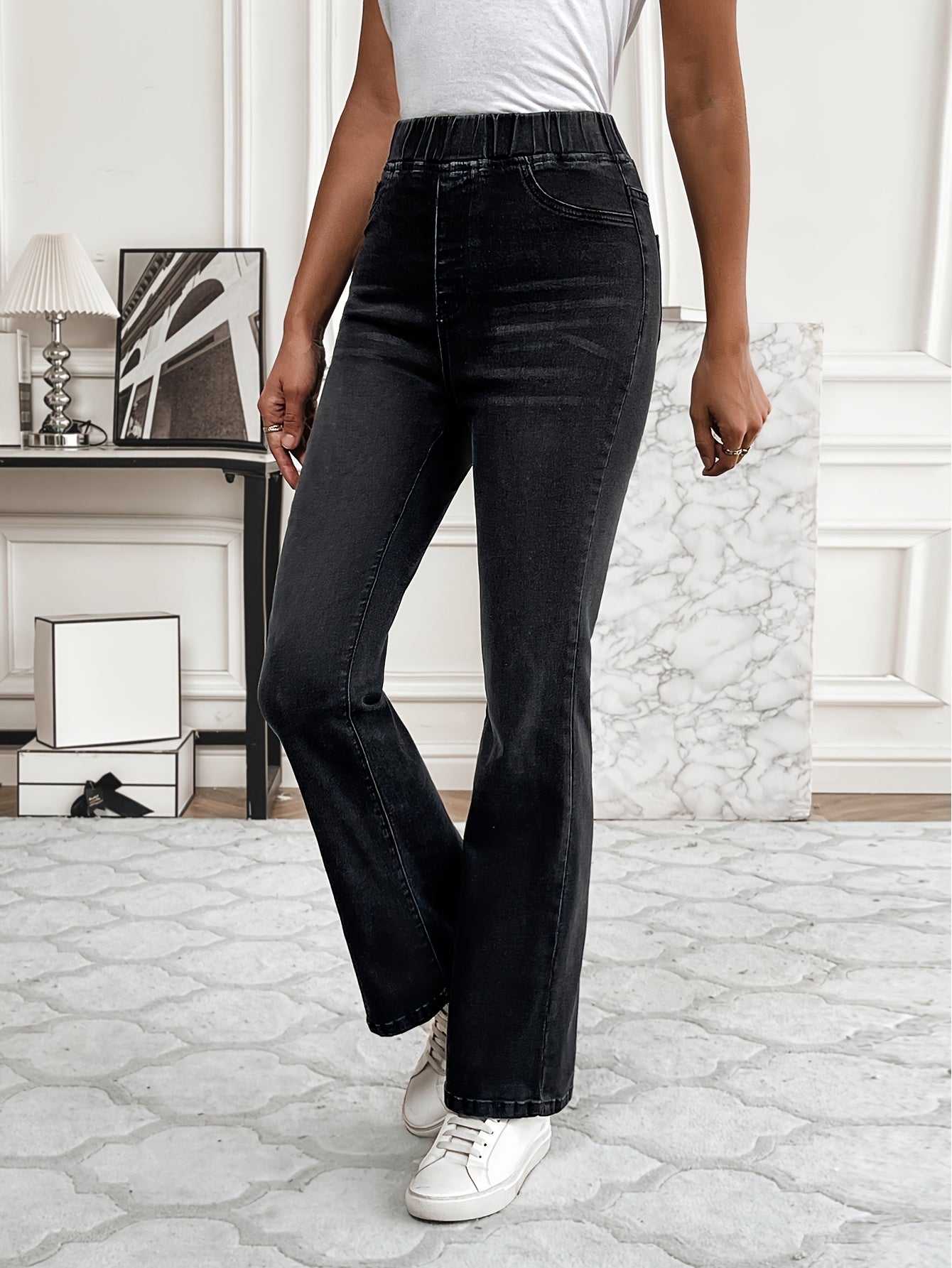 Women's High-Stretch Flare Jeans - Elastic Waistband, Soft Cotton Blend, Bell Bottoms, Machine Washable, Elegant Casual Style for Spring/Fall