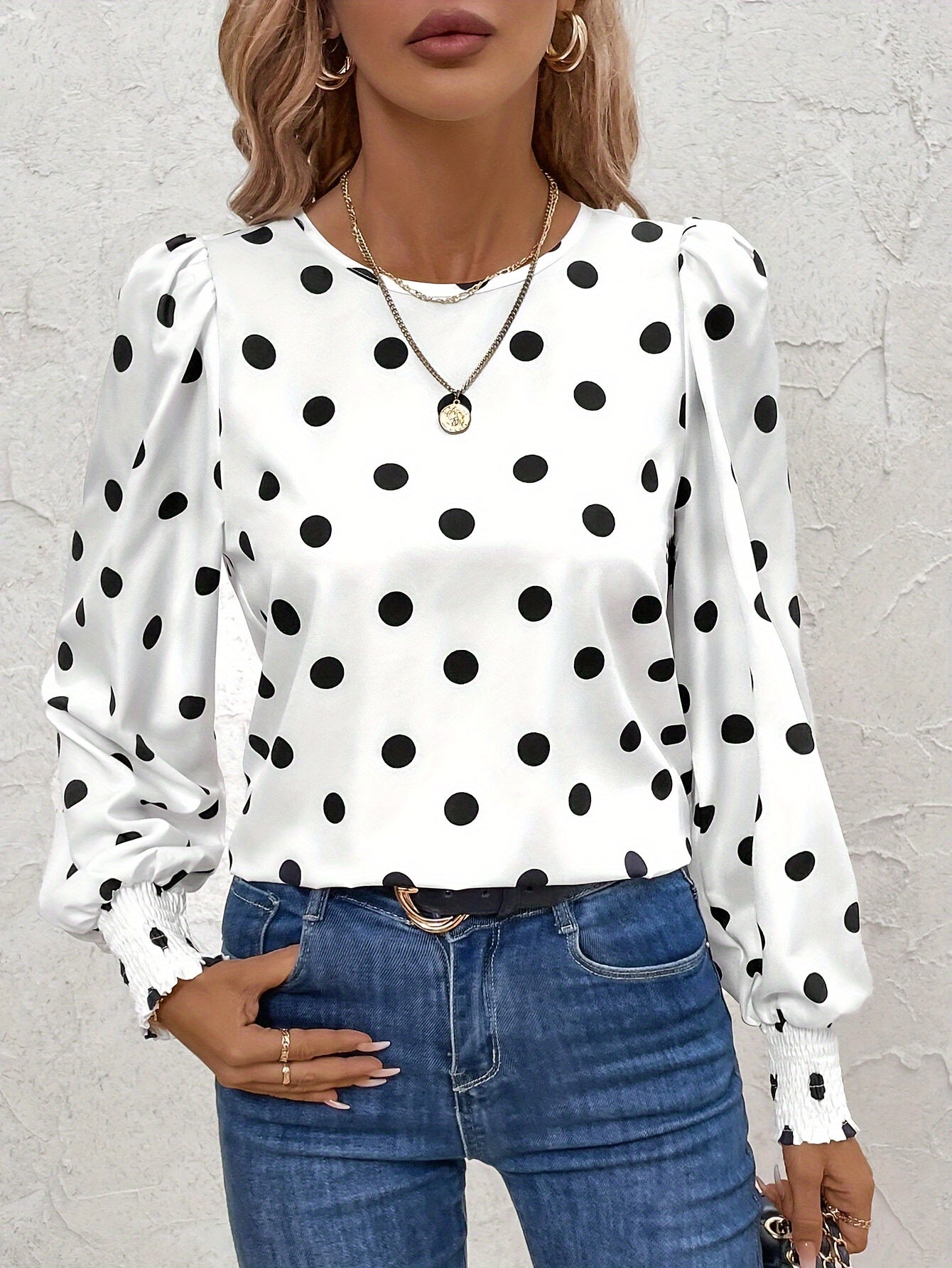 Polka Dot Print Crew Neck Blouse - Elegant Long Sleeve Ruffle Trim Top for Spring & Fall, Black & White, Lantern Sleeve