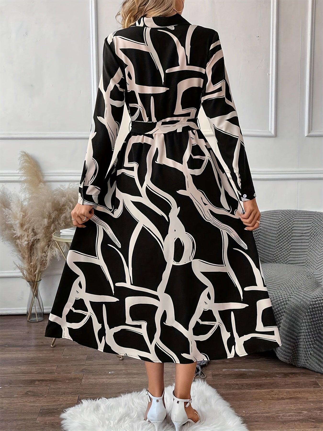 Women's Casual Printed Midi Dress with Belt – Long Sleeve Polo Collar, Loose Fit, Straight Hem, Perfect for Spring and Fall