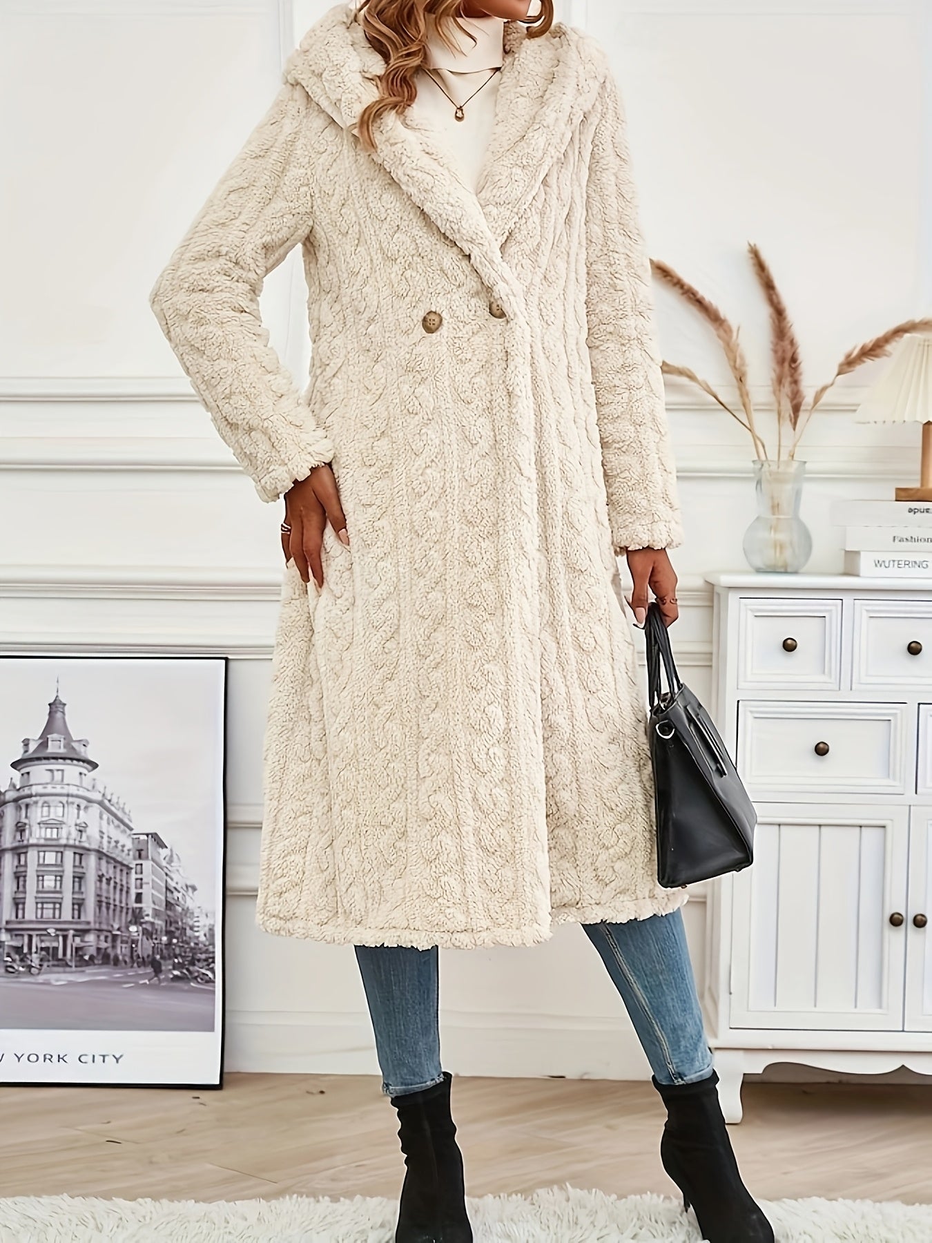 Elegant Fleece-Lined Hooded Knit Coat for Women – Cozy Casual Style with Button Details