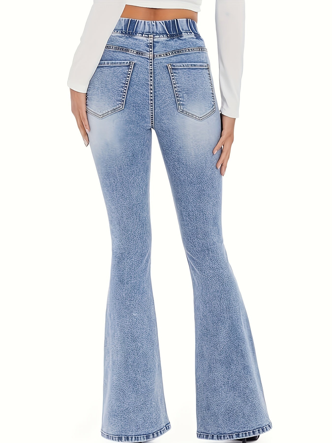 Women's High-Stretch Flare Jeans - Elastic Waistband, Soft Cotton Blend, Bell Bottoms, Machine Washable, Elegant Casual Style for Spring/Fall