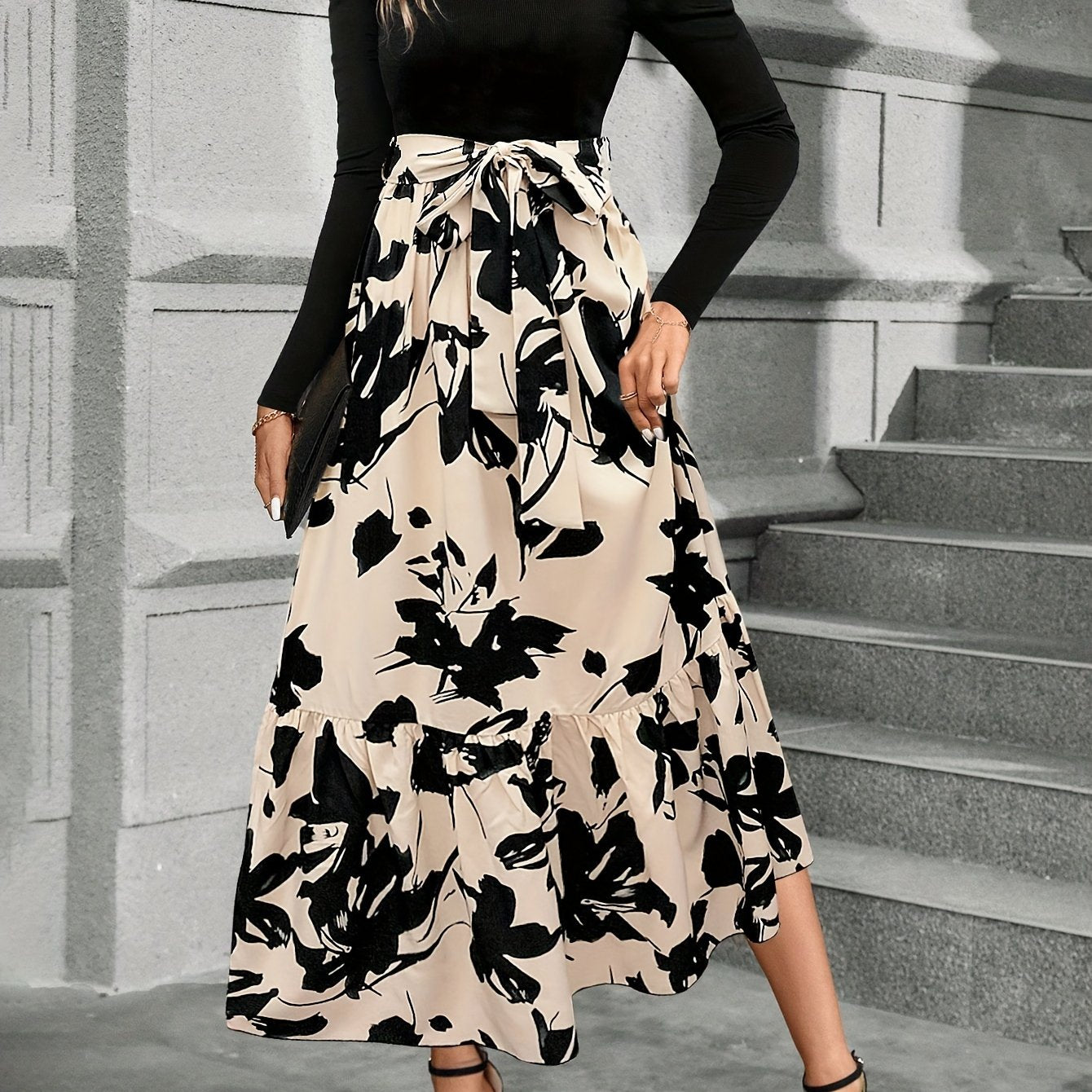 Elegant Floral A-Line Midi Dress for Women – Crew Neck, Long Sleeve, Polyester Fabric, Perfect for All Seasons