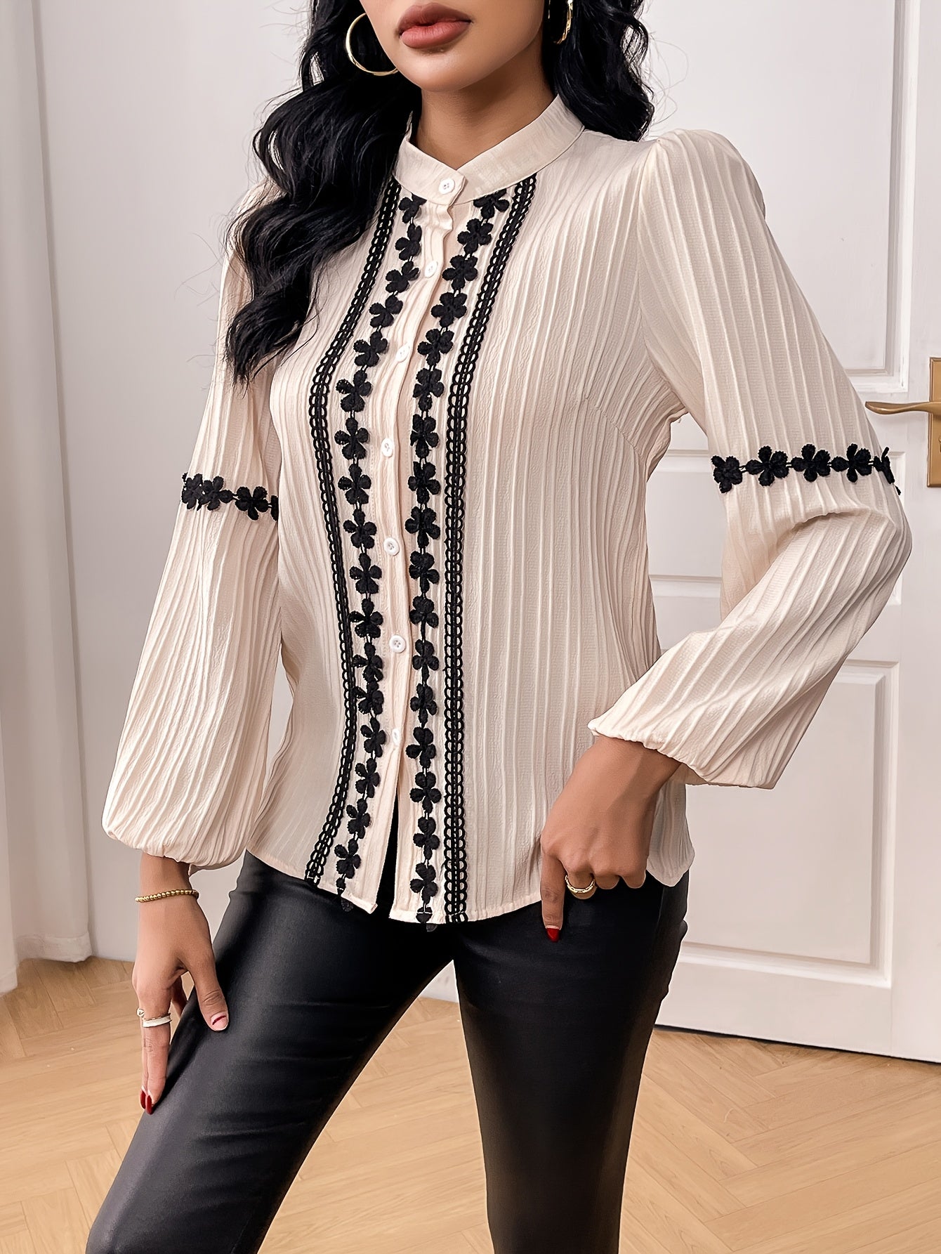 Winter Chic Lace-Trimmed Lantern Sleeve Blouse - Textured Wave Stripe, Stand Collar, Long Sleeve, Perfect for Fall & Winter