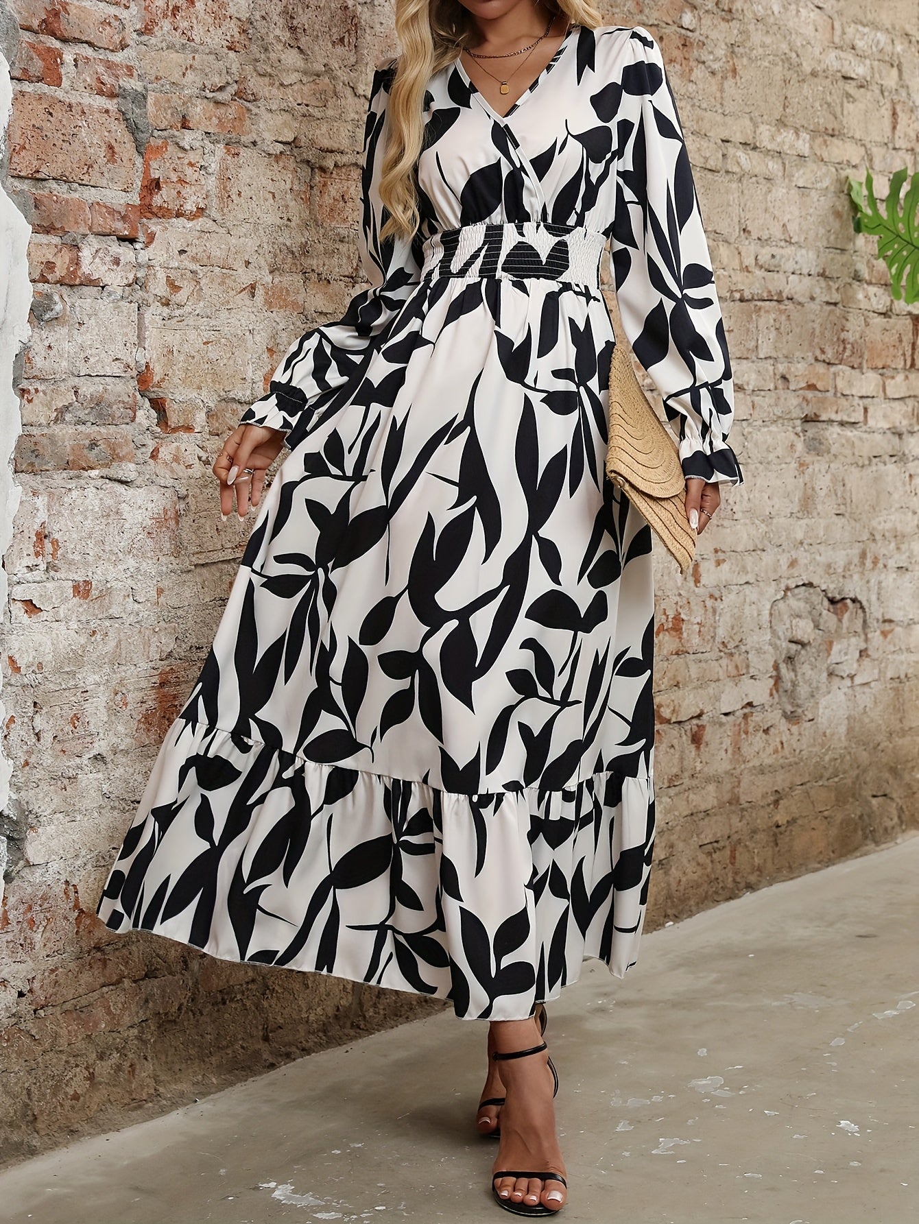 Leaf Print V-Neck Dress – Elegant Long Sleeve A-Line Dress with Ruffle Hem for Women, Perfect for Spring & Fall