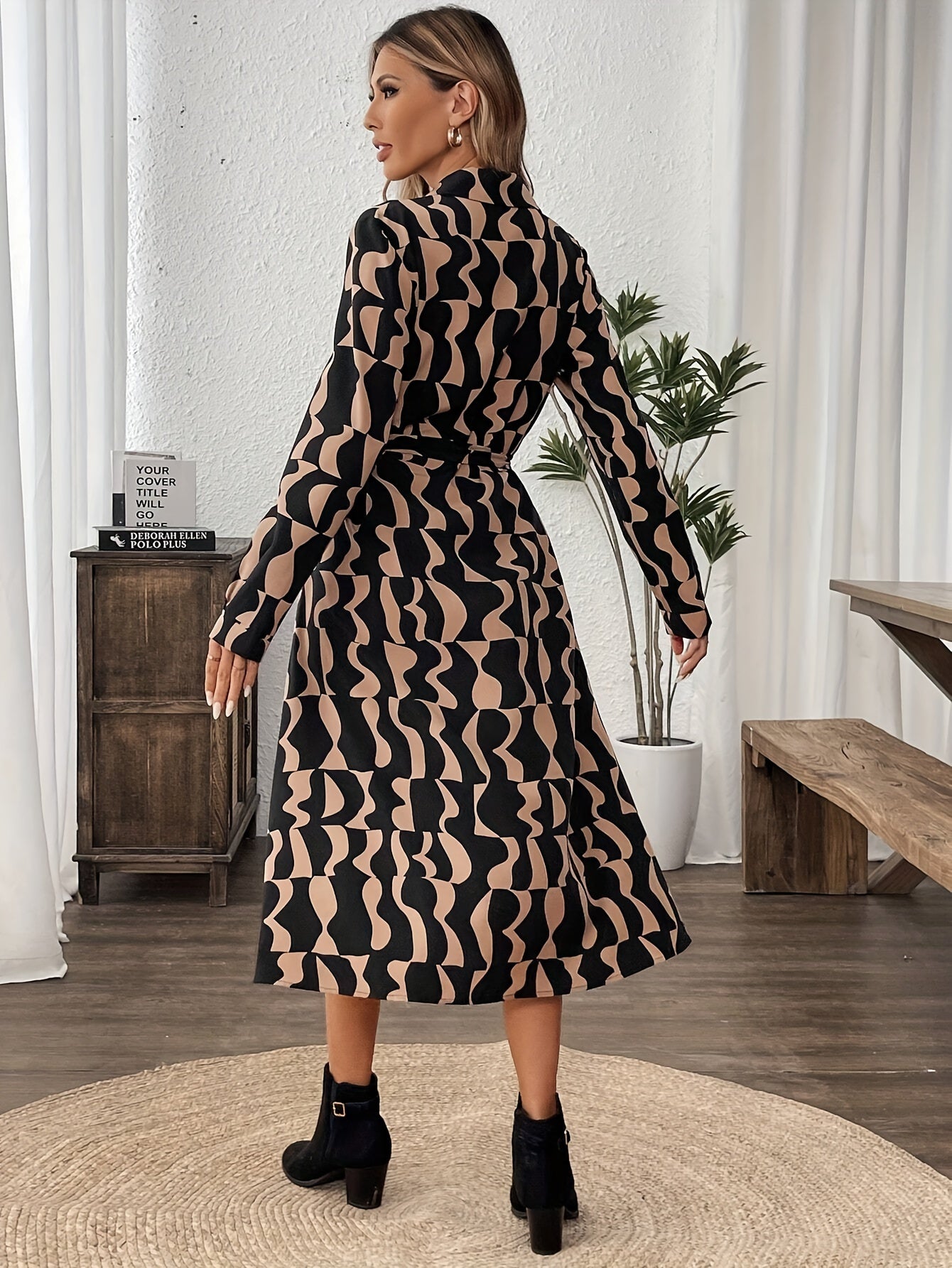 Allover Print Button-Front Shirt Dress – Elegant Long Sleeve Midi Dress for Women, Perfect for Spring & Fall