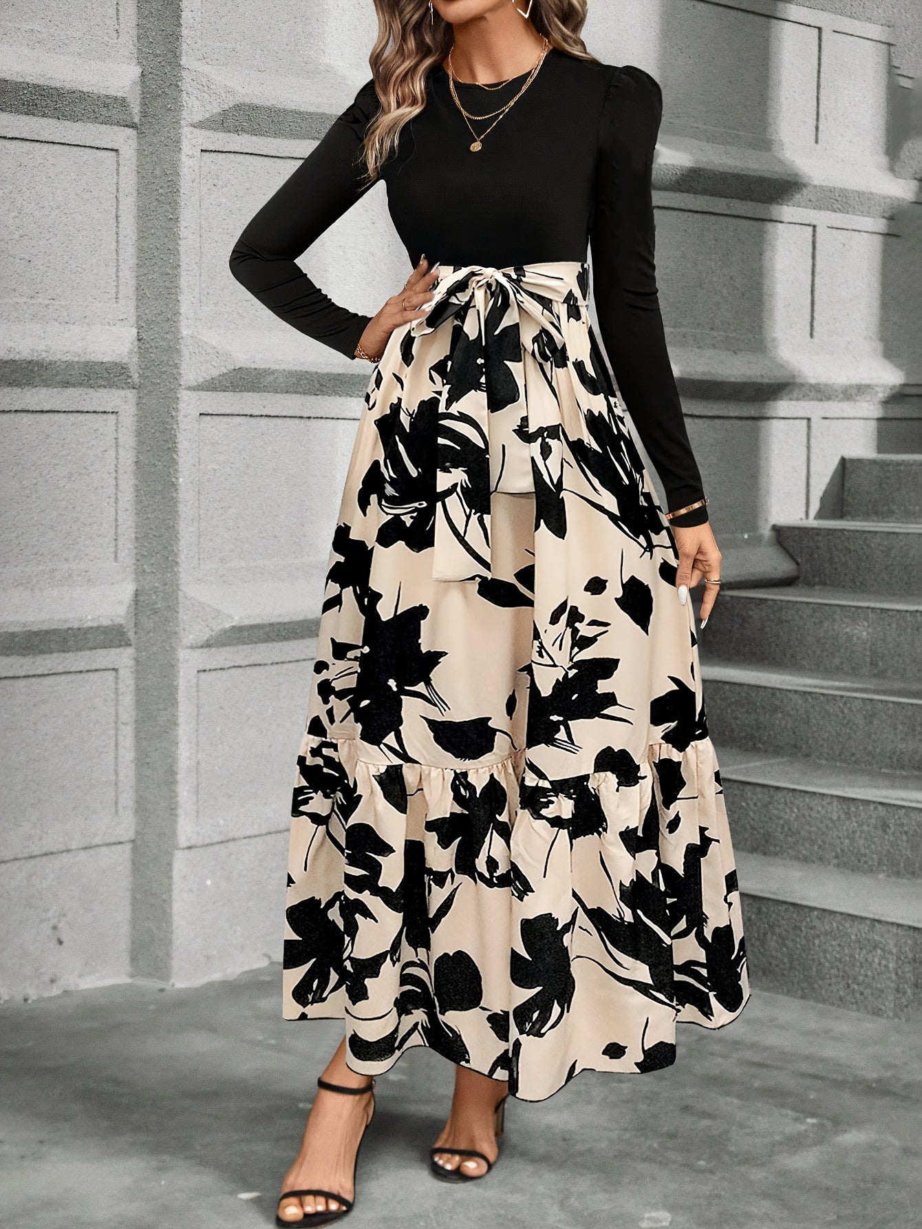 Elegant Floral A-Line Midi Dress for Women – Crew Neck, Long Sleeve, Polyester Fabric, Perfect for All Seasons