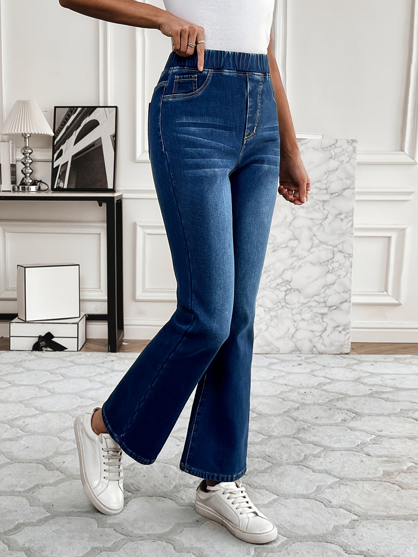 Women's High-Stretch Flare Jeans - Elastic Waistband, Soft Cotton Blend, Bell Bottoms, Machine Washable, Elegant Casual Style for Spring/Fall