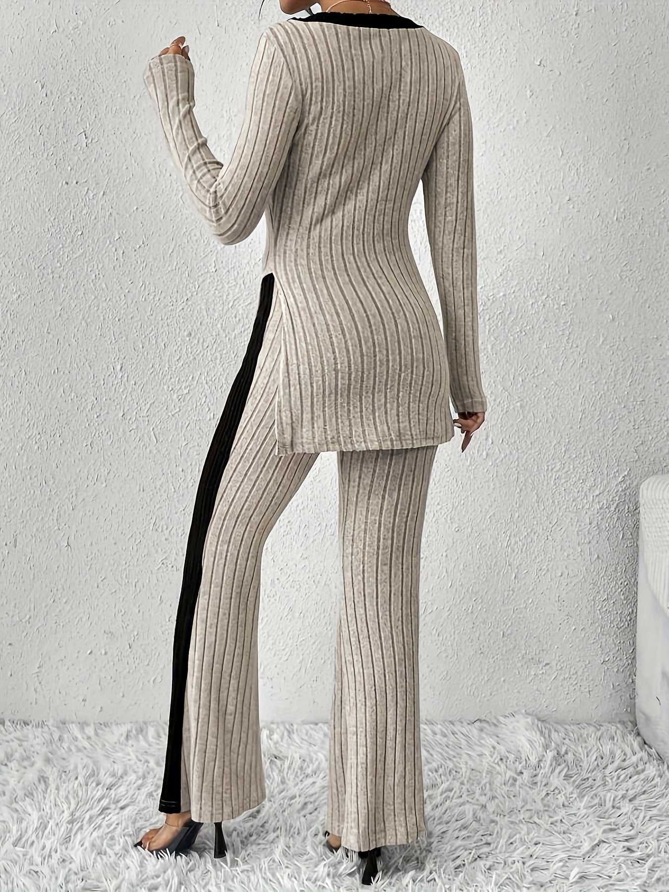 Color Block Rib Knit Pantsuit - Stylish Long Sleeve V-Neck Split Hem Top & Flare Leg Pants Outfit for Women