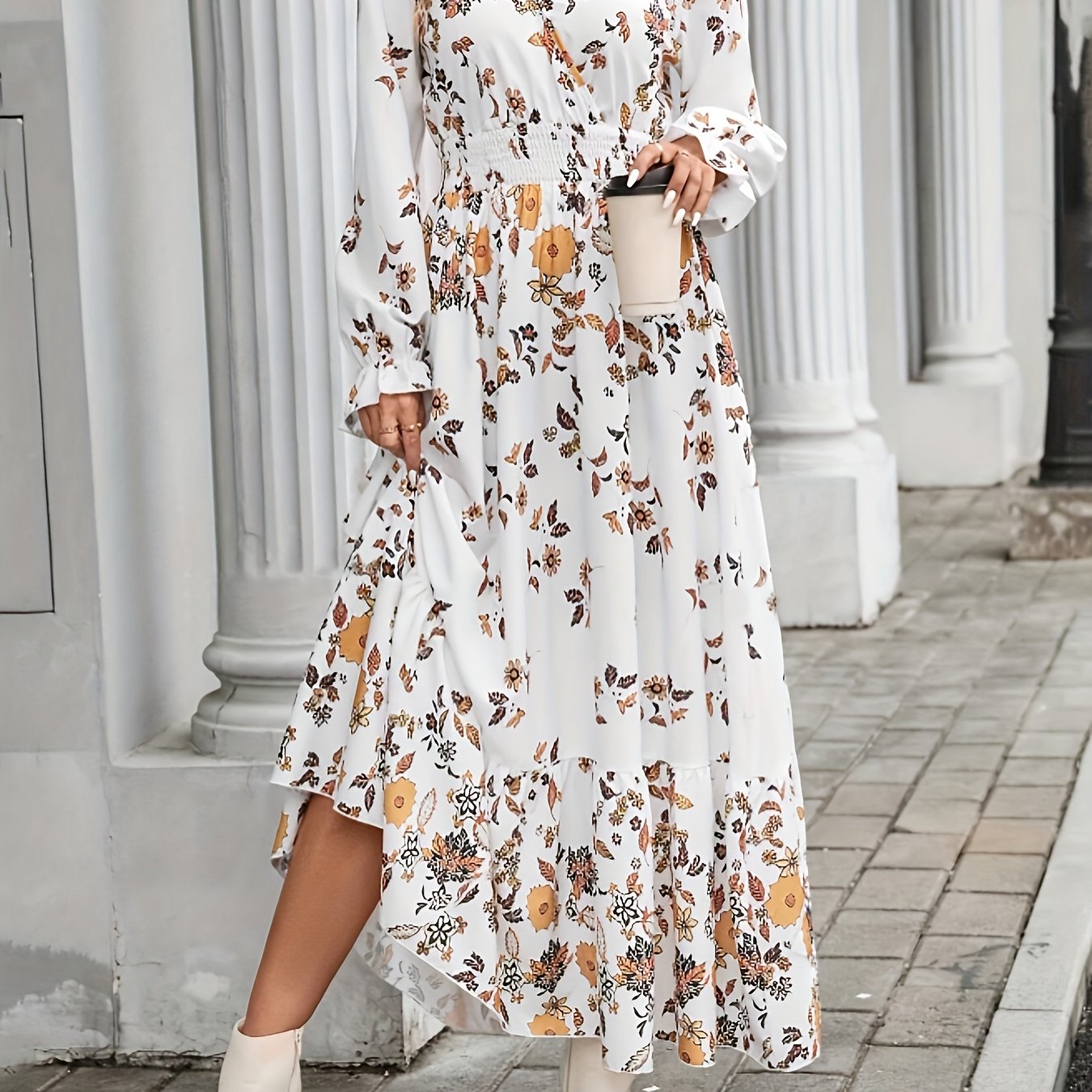 Print Long Dress with Cinched Waist – V-Neck, Ruffle Hem, Machine Washable Polyester, Perfect for Spring/Summer, Plus Size Elegant Dress