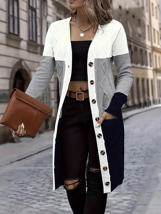 Elegant Color Block Button-Front Cardigan - Long Sleeve Women's Knitwear for Fall & Winter