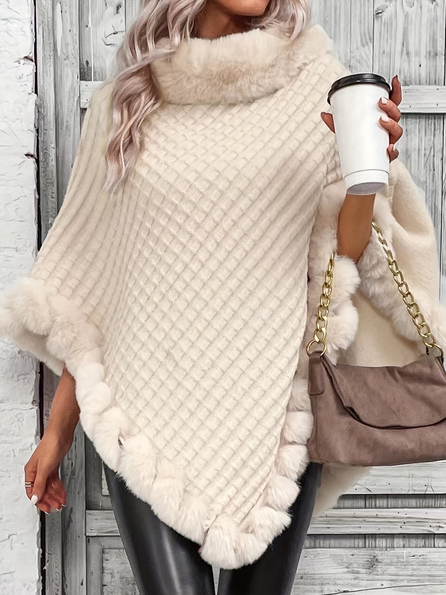 Women's Elegant Cream Knit Sweater with Faux Fur Trim - High Neck, Batwing Sleeves, Cozy Autumn/Winter Pullover