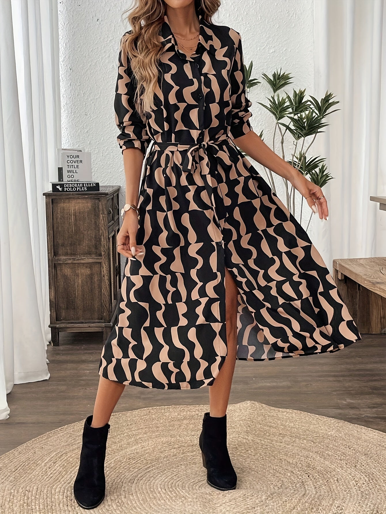 Allover Print Button-Front Shirt Dress Elegant Long Sleeve Midi Dres Patricia boutique Allover Print Button-Front Shirt Dress Elegant Long Sleeve Midi Dres Patricia boutique