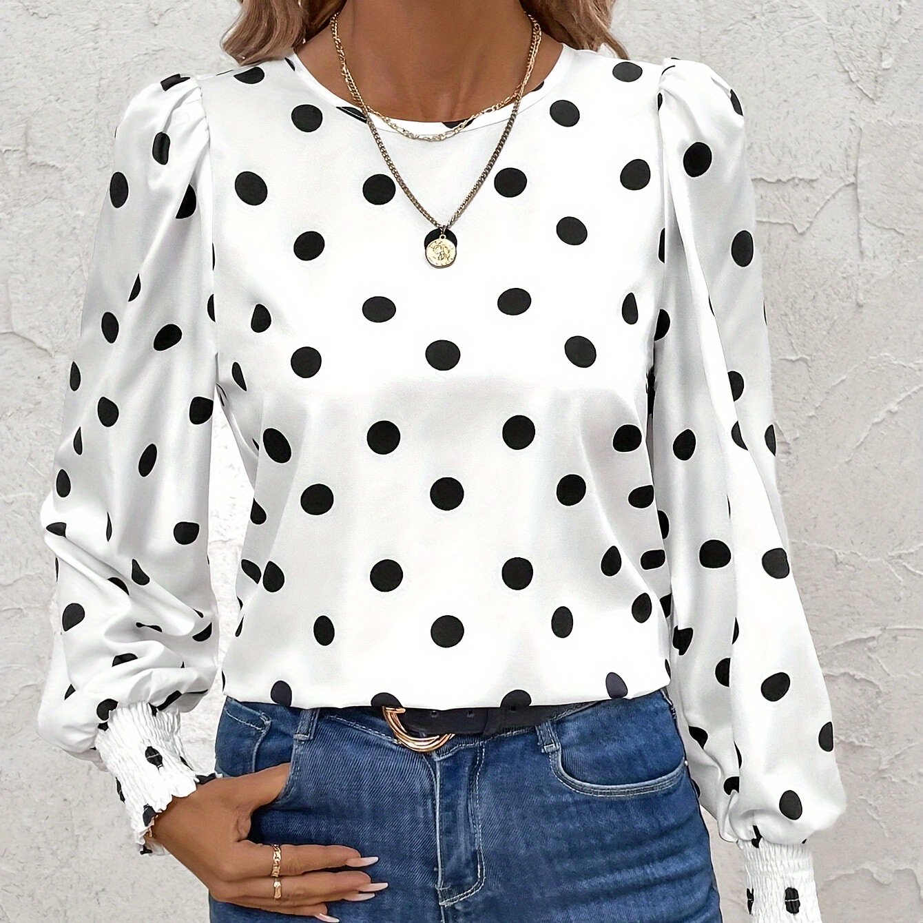 Polka Dot Print Crew Neck Blouse - Elegant Long Sleeve Ruffle Trim Top for Spring & Fall, Black & White, Lantern Sleeve