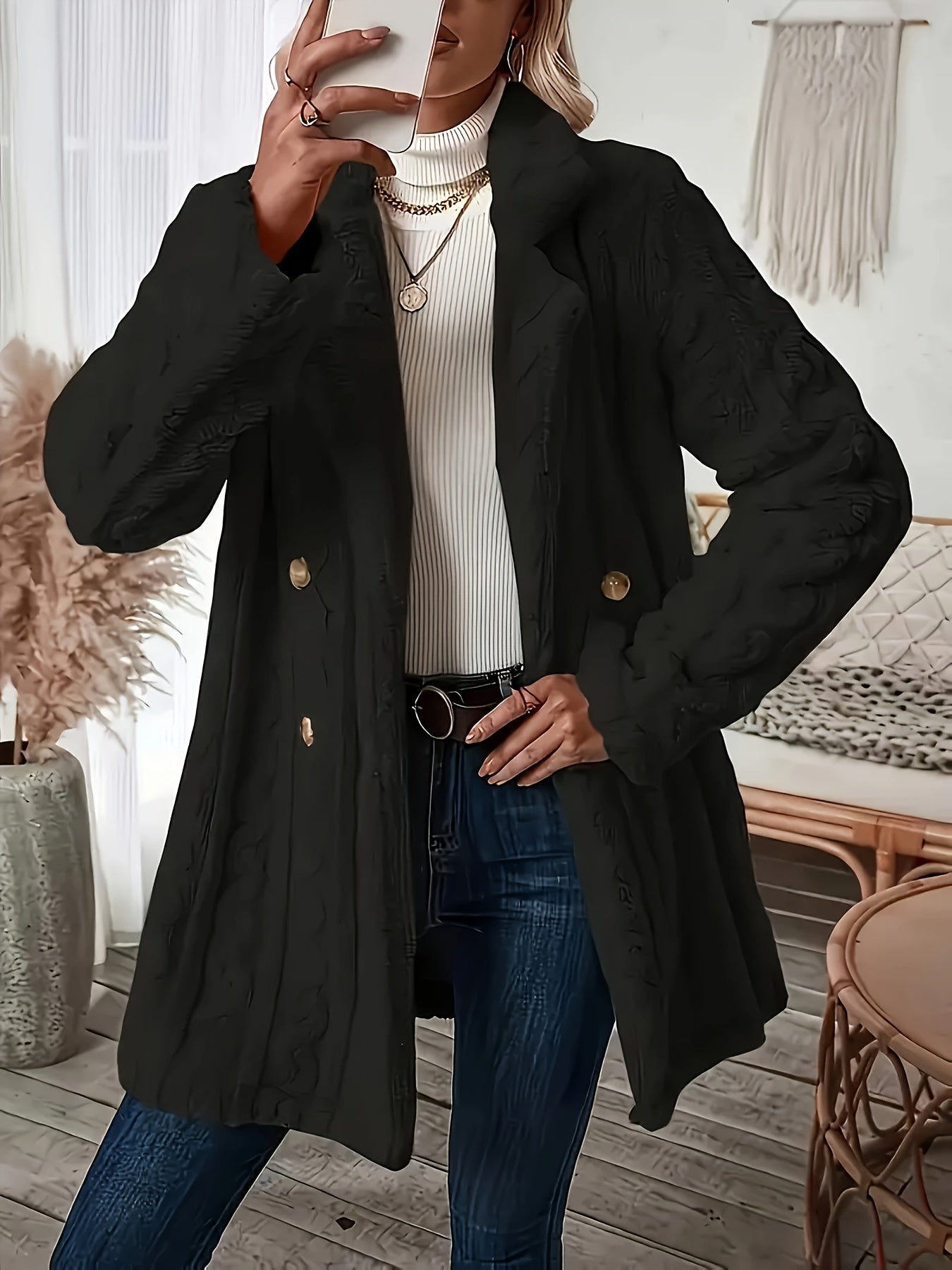 Textured Double-Breasted Lapel Fuzzy Coat – Elegant Long Sleeve Warm Outerwear for Fall & Winter, Women's Clothing