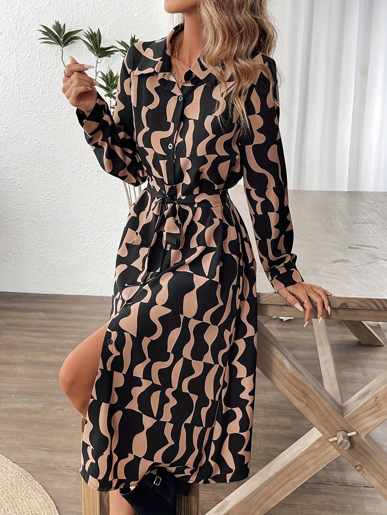 Allover Print Button-Front Shirt Dress – Elegant Long Sleeve Midi Dress for Women, Perfect for Spring & Fall