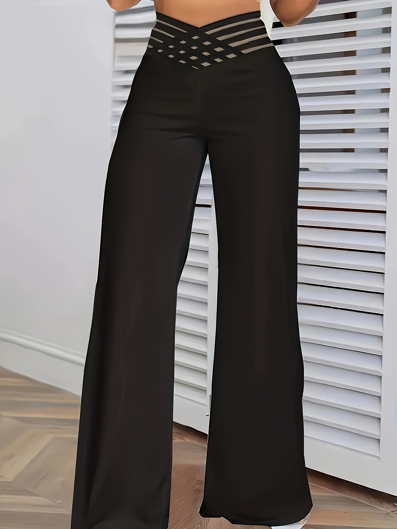 Elegant High-Waist Cross Detail Transparent Mesh Patchwork Pants - Solid Color, Polyester, Machine Washable, All Seasons