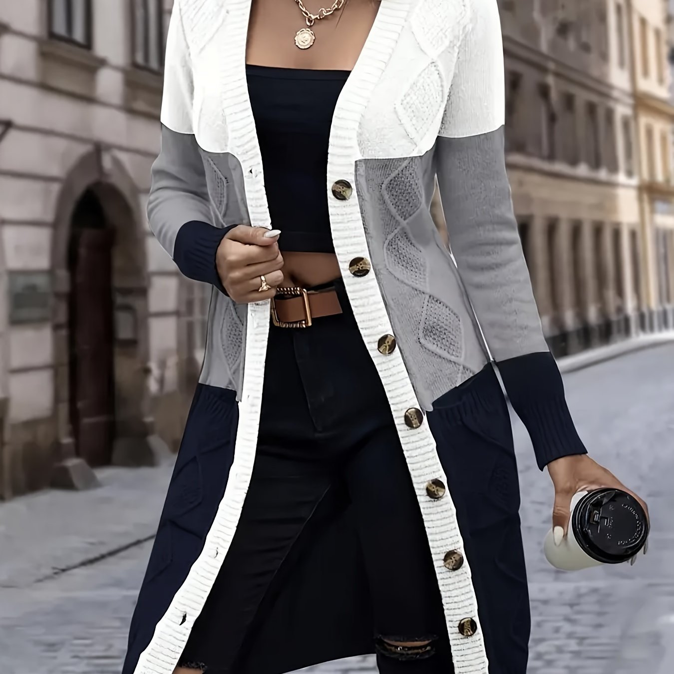 Elegant Color Block Button-Front Cardigan - Long Sleeve Women's Knitwear for Fall & Winter