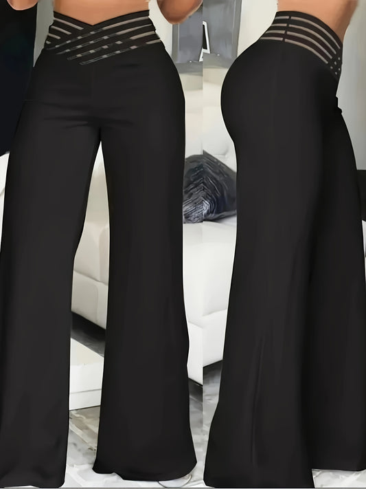 Elegant High-Waist Cross Detail Transparent Mesh Patchwork Pants - Solid Color, Polyester, Machine Washable, All Seasons