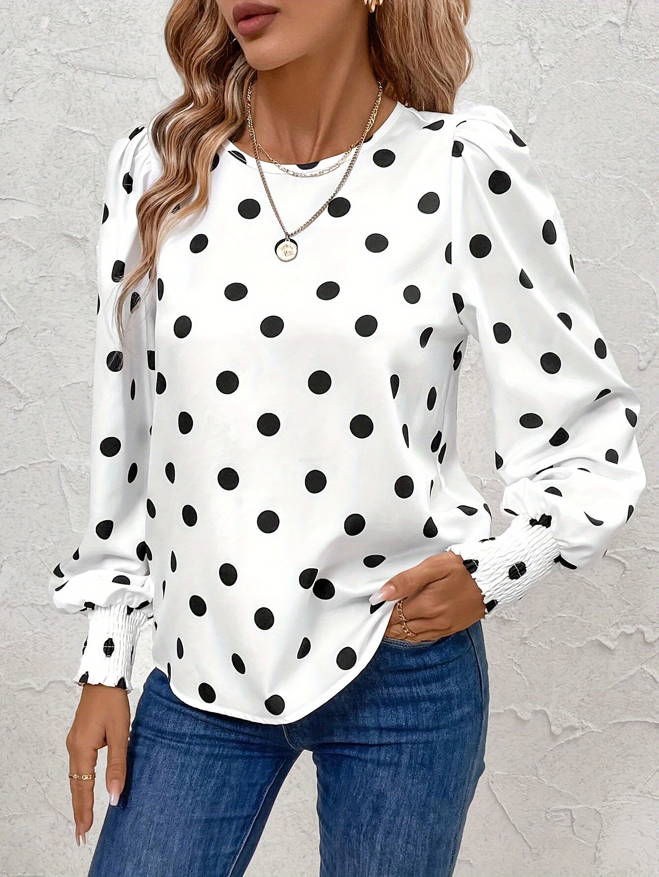 Polka Dot Print Crew Neck Blouse - Elegant Long Sleeve Ruffle Trim Top for Spring & Fall, Black & White, Lantern Sleeve