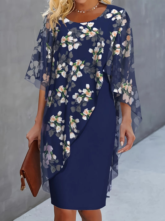 Elegant Floral Print 2-in-1 Midi Dress for Women – Short Sleeves, Crew Neck, Patchwork Design for Spring & Summer