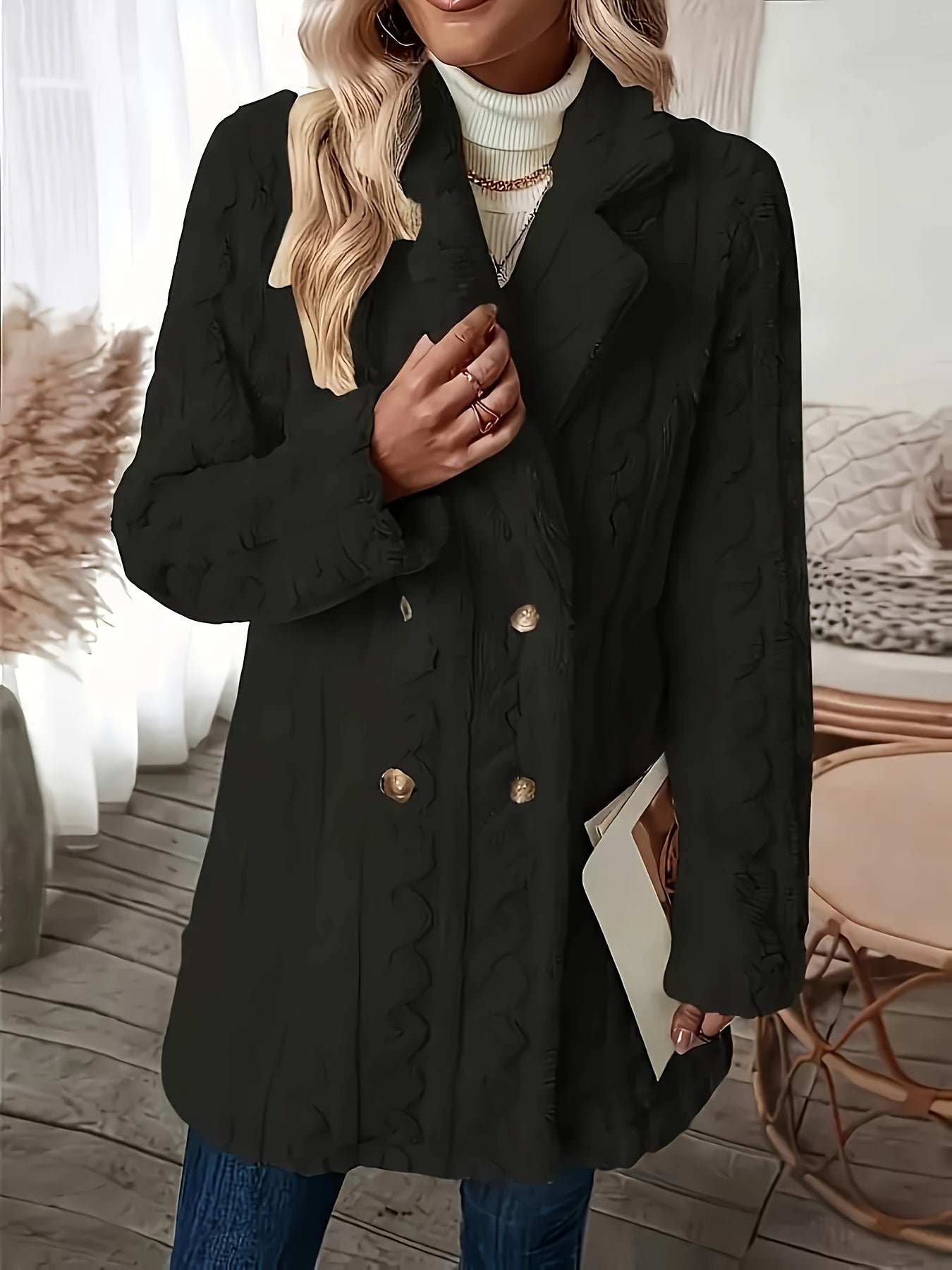 Textured Double-Breasted Lapel Fuzzy Coat – Elegant Long Sleeve Warm Outerwear for Fall & Winter, Women's Clothing