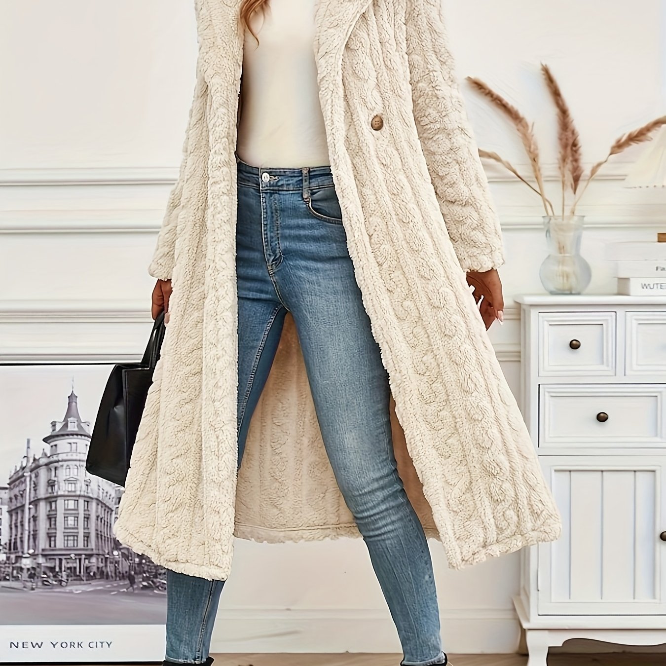 Elegant Fleece-Lined Hooded Knit Coat for Women – Cozy Casual Style with Button Details