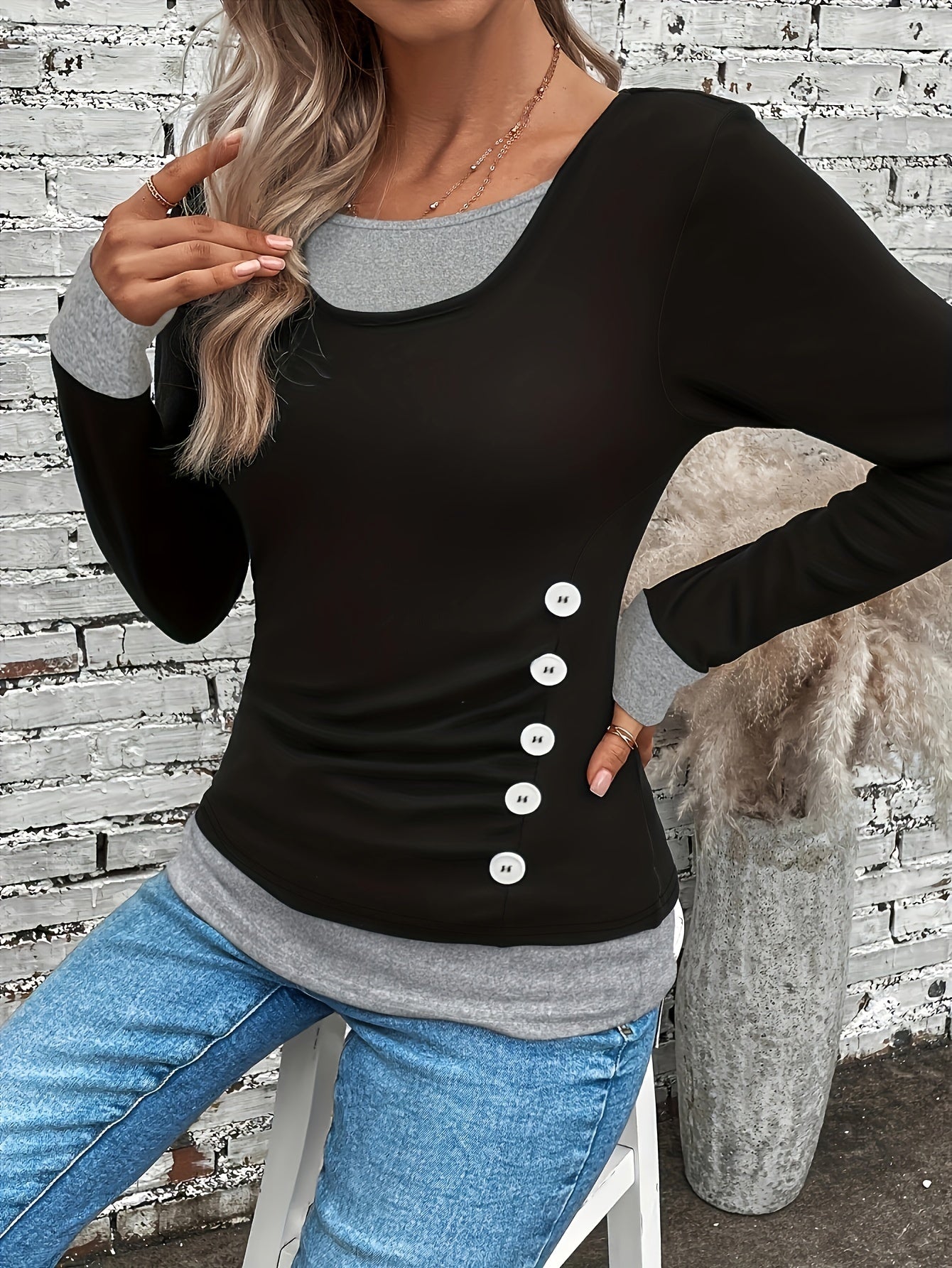 Elegant Square Neck Long Sleeve T-Shirt for Women - Solid Color Knit Fabric Top with Fake Buttons, Polyester & Spandex Blend, Regular Length for Fall/Winte