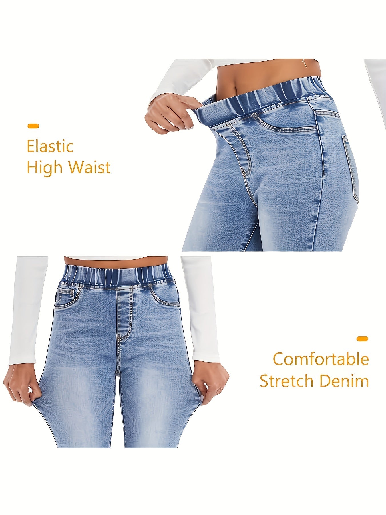 Women's High-Stretch Flare Jeans - Elastic Waistband, Soft Cotton Blend, Bell Bottoms, Machine Washable, Elegant Casual Style for Spring/Fall