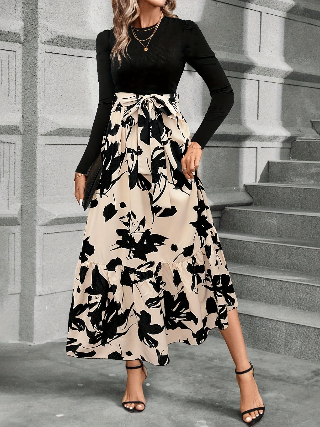 Elegant Floral A-Line Midi Dress for Women – Crew Neck, Long Sleeve, Polyester Fabric, Perfect for All Seasons