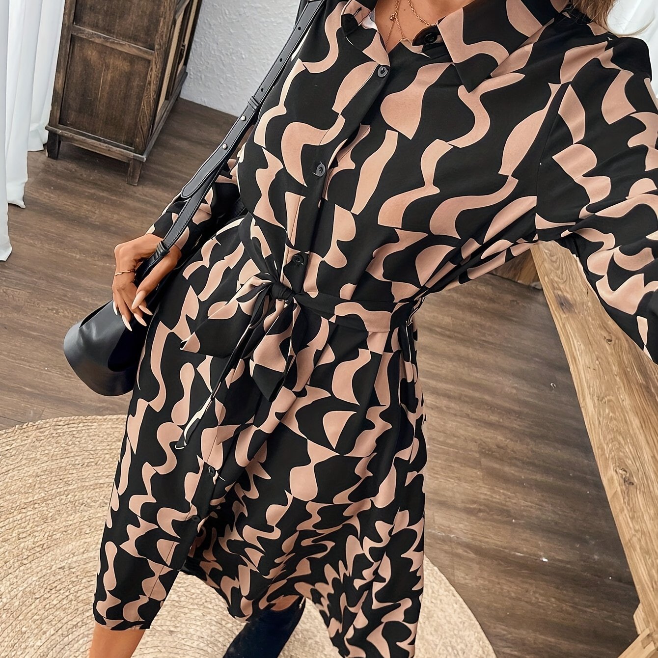 Allover Print Button-Front Shirt Dress Elegant Long Sleeve Midi Dress for Women, Perfect for Spring & Fall - Mixed Color / S Allover Print Button-Front Shirt Dress Elegant Long Sleeve Midi Dress for Women, Perfect for Spring & Fall - Mixed Color / S