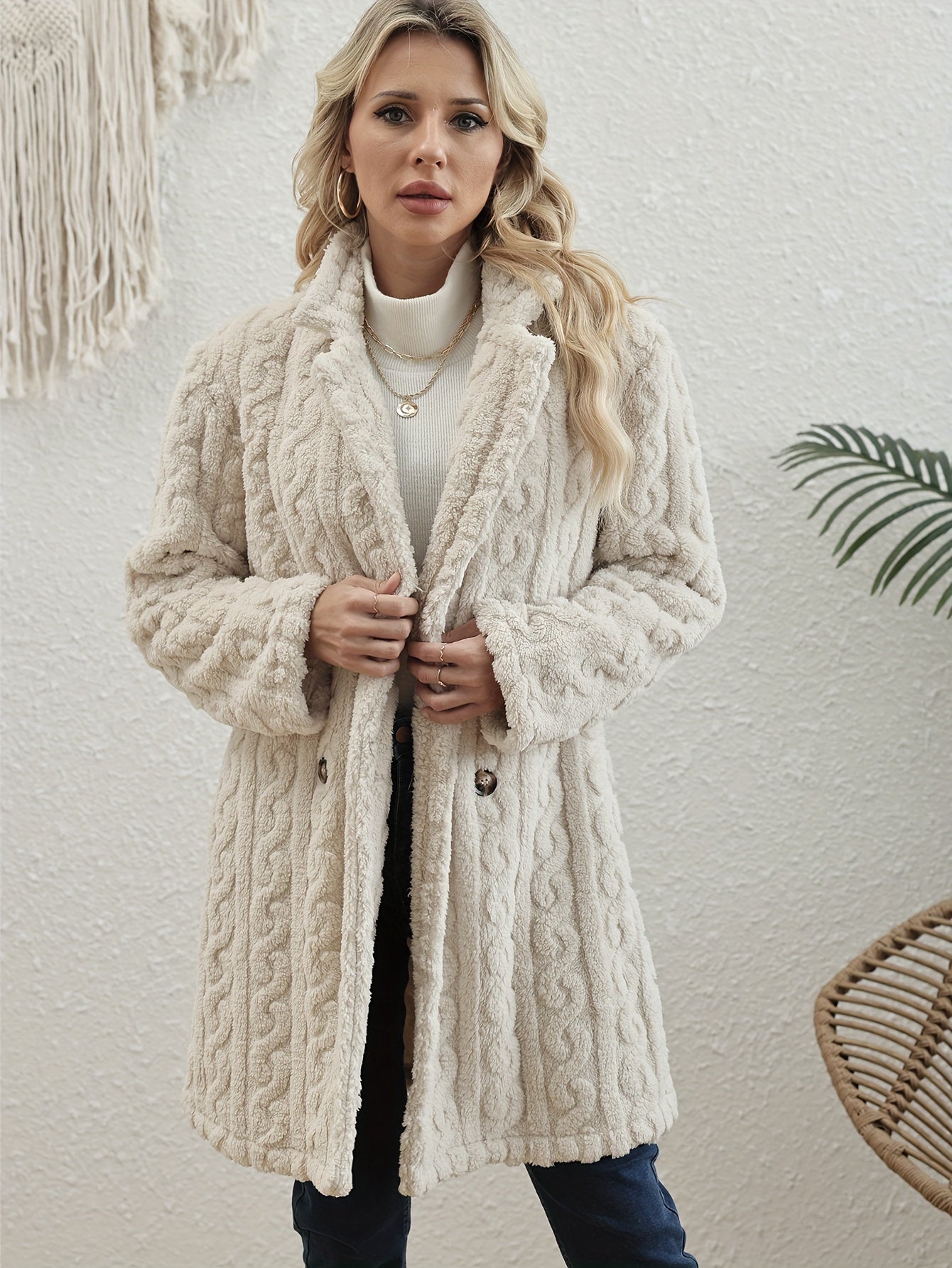 Textured Double-Breasted Lapel Fuzzy Coat – Elegant Long Sleeve Warm Outerwear for Fall & Winter, Women's Clothing