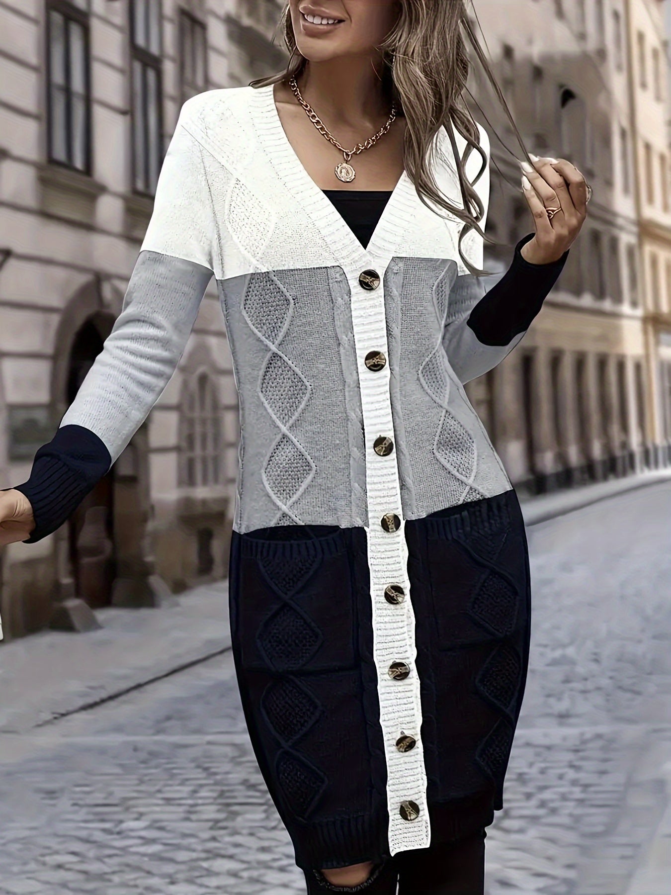 Elegant Color Block Button-Front Cardigan - Long Sleeve Women's Knitwear for Fall & Winter