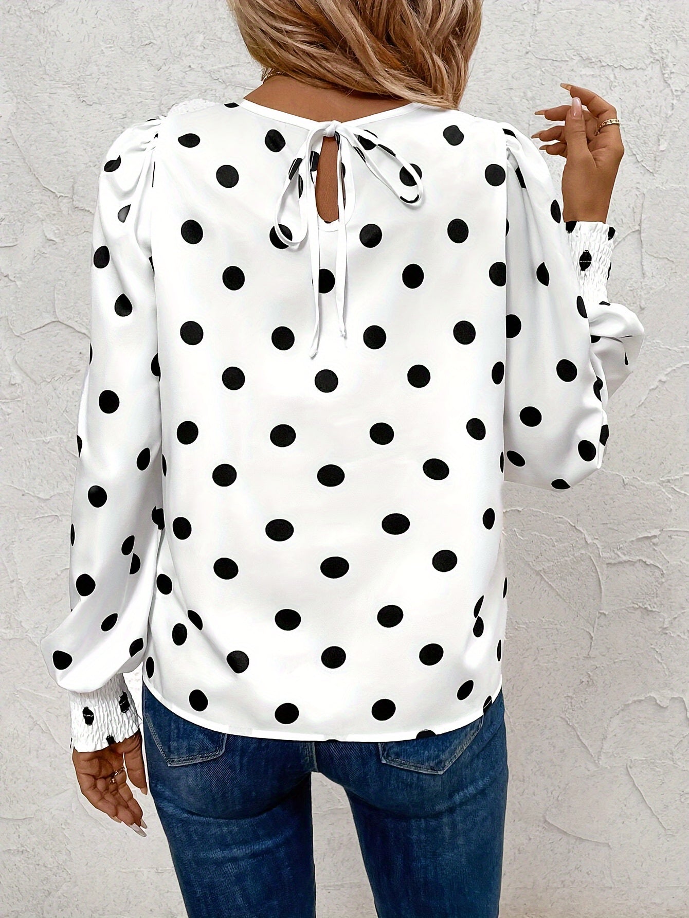 Polka Dot Print Crew Neck Blouse - Elegant Long Sleeve Ruffle Trim Top for Spring & Fall, Black & White, Lantern Sleeve