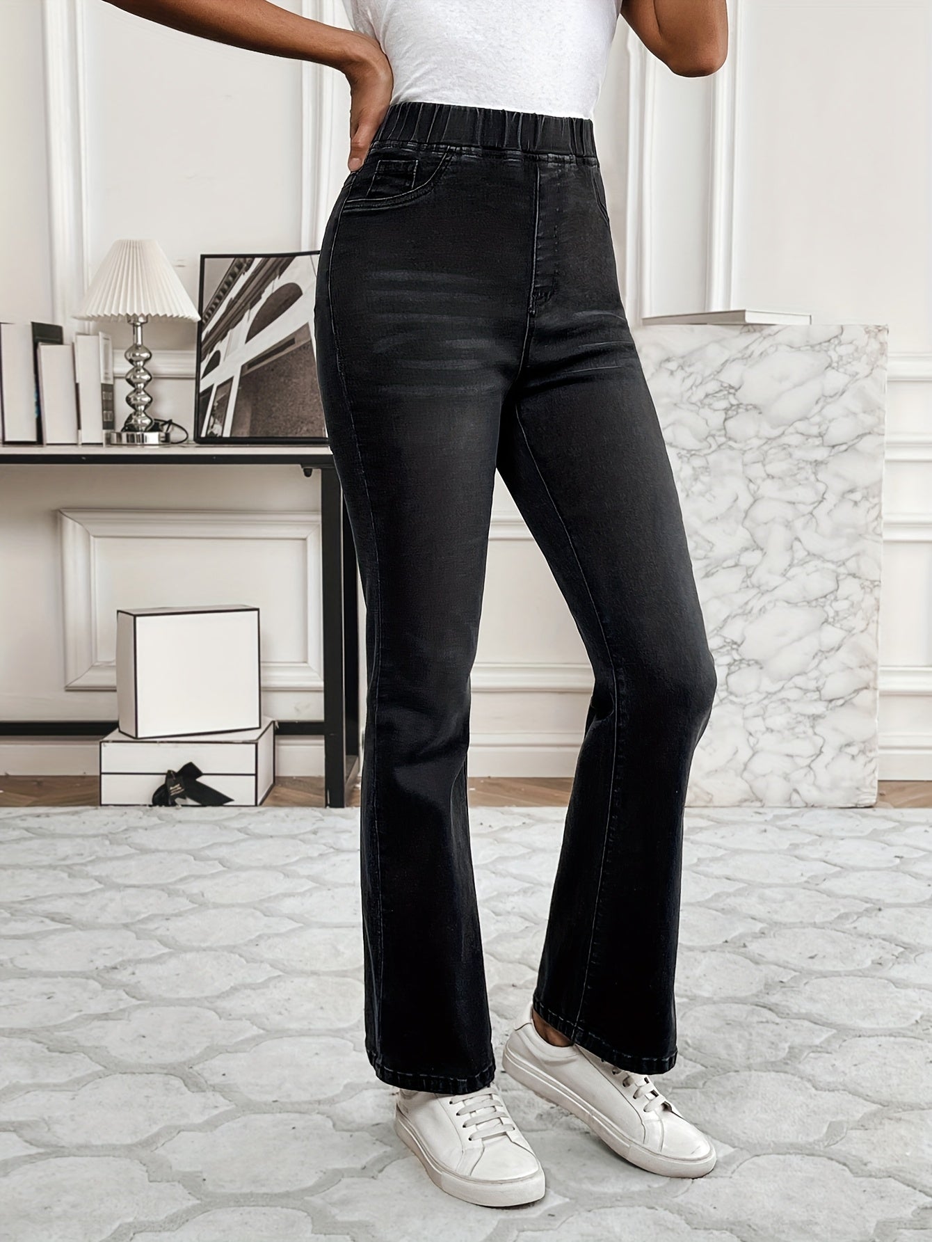 Women's High-Stretch Flare Jeans - Elastic Waistband, Soft Cotton Blend, Bell Bottoms, Machine Washable, Elegant Casual Style for Spring/Fall