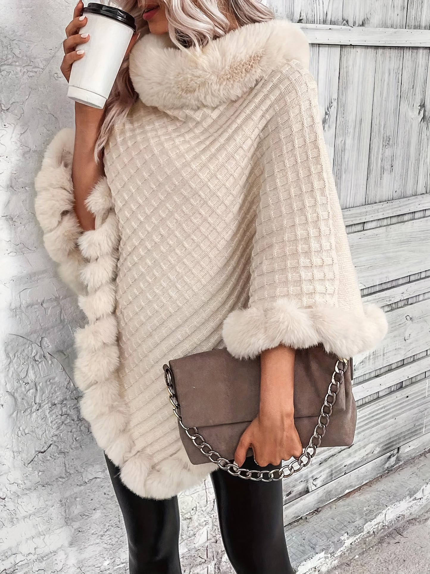 Women's Elegant Cream Knit Sweater with Faux Fur Trim - High Neck, Batwing Sleeves, Cozy Autumn/Winter Pullover