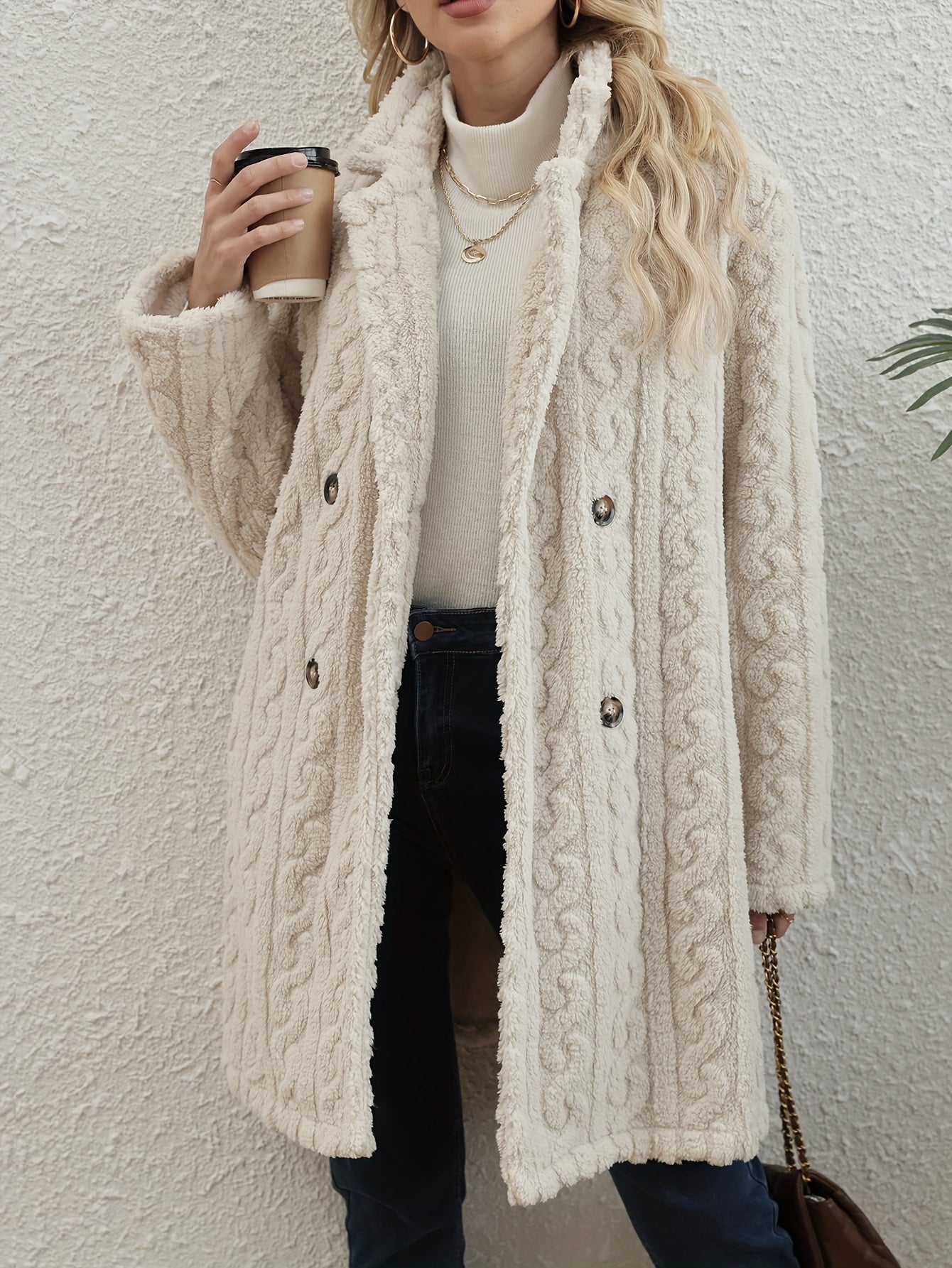 Textured Double-Breasted Lapel Fuzzy Coat – Elegant Long Sleeve Warm Outerwear for Fall & Winter, Women's Clothing