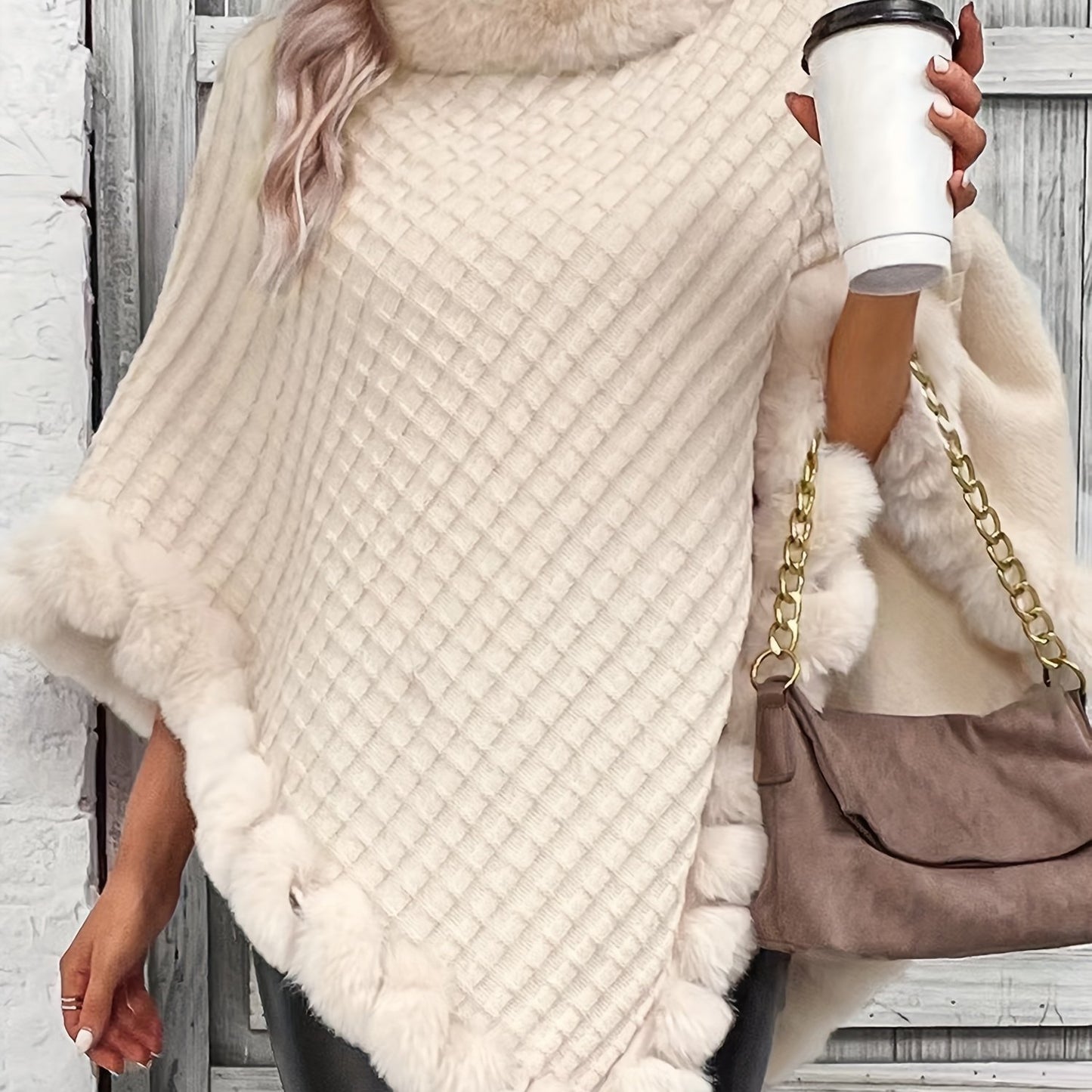 Women's Elegant Cream Knit Sweater with Faux Fur Trim - High Neck, Batwing Sleeves, Cozy Autumn/Winter Pullover