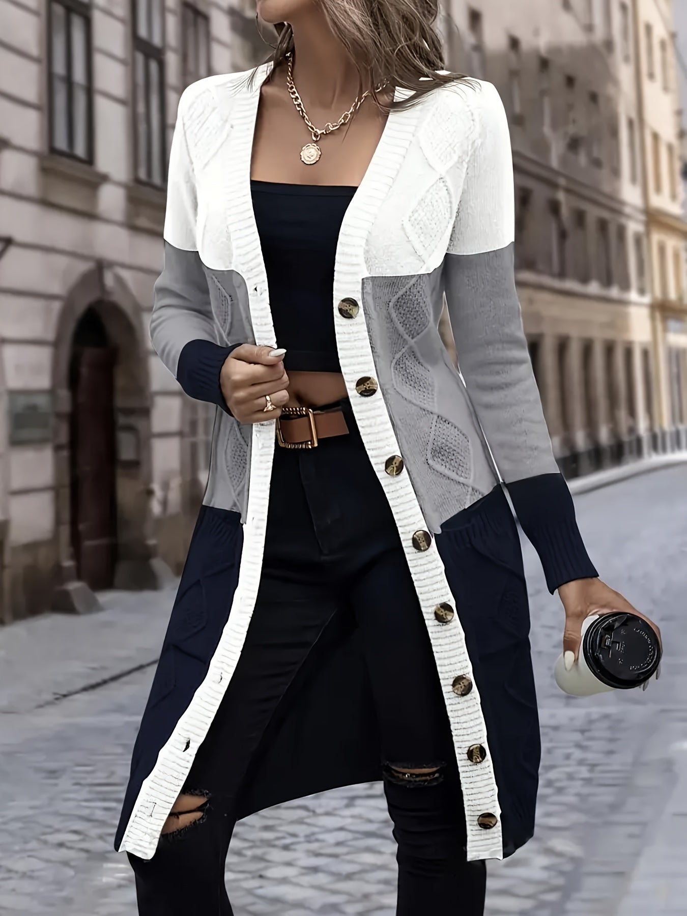 Elegant Color Block Button-Front Cardigan - Long Sleeve Women's Knitwear for Fall & Winter