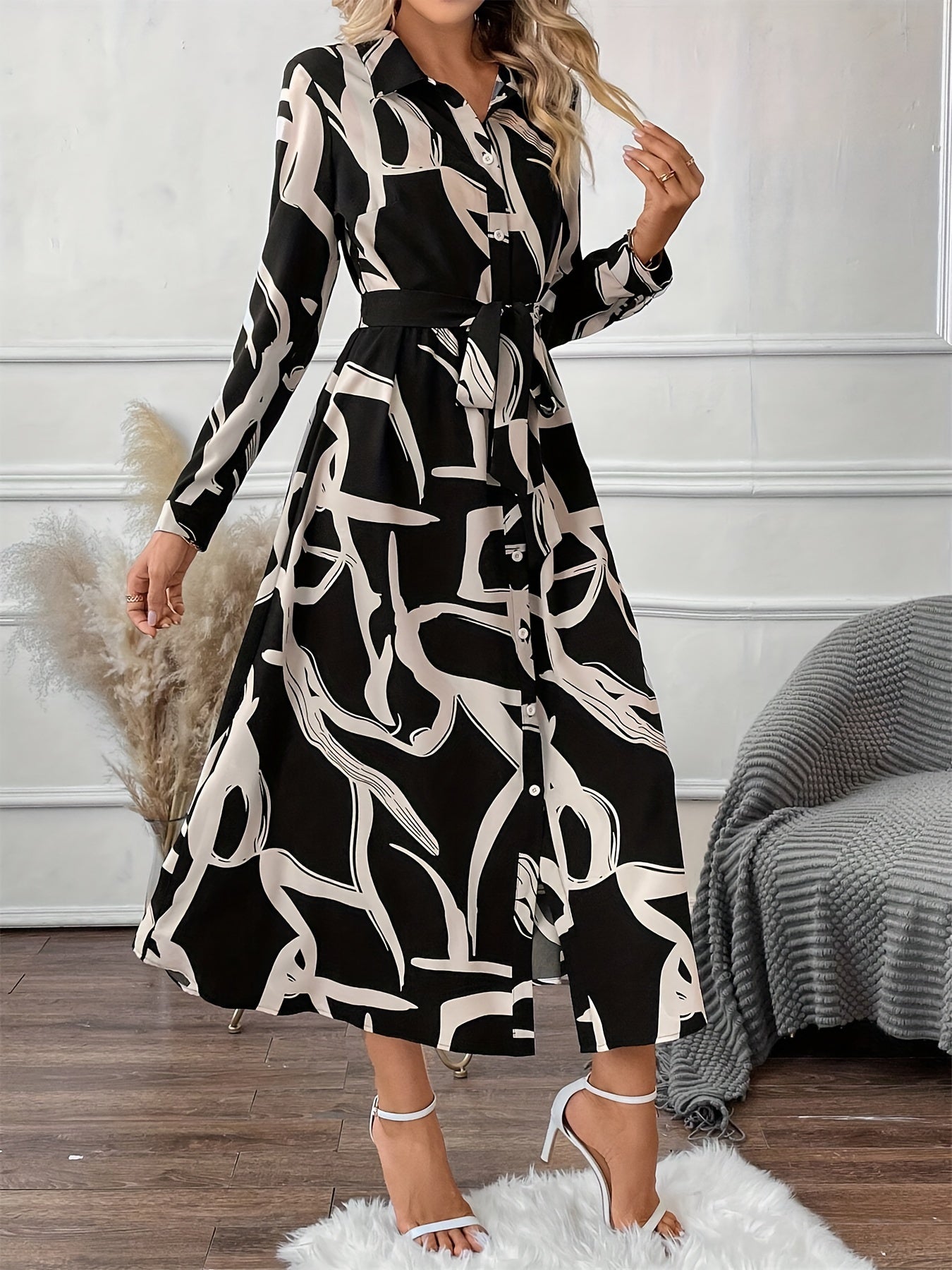 Women's Casual Printed Midi Dress with Belt – Long Sleeve Polo Collar, Loose Fit, Straight Hem, Perfect for Spring and Fall