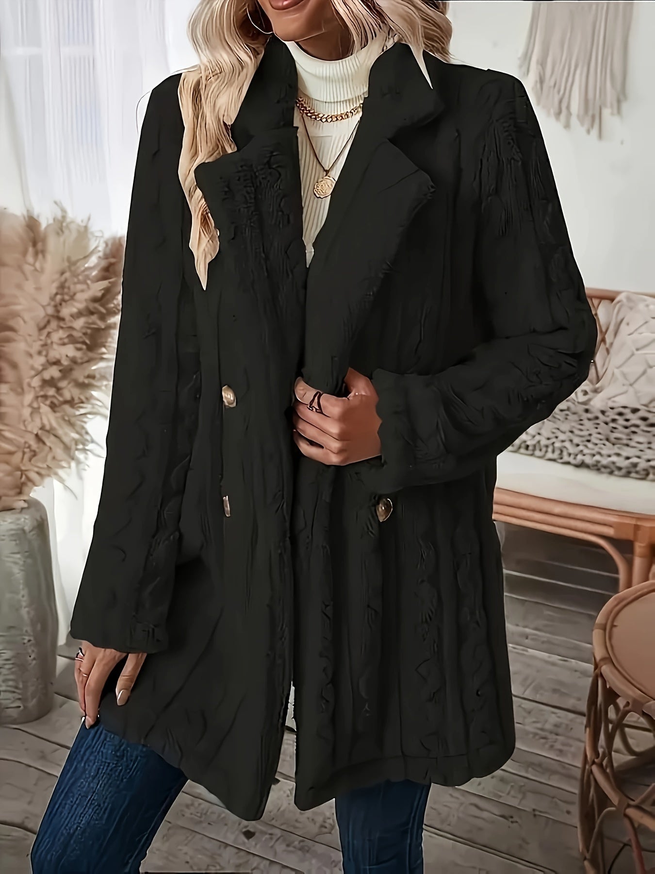 Textured Double-Breasted Lapel Fuzzy Coat – Elegant Long Sleeve Warm Outerwear for Fall & Winter, Women's Clothing