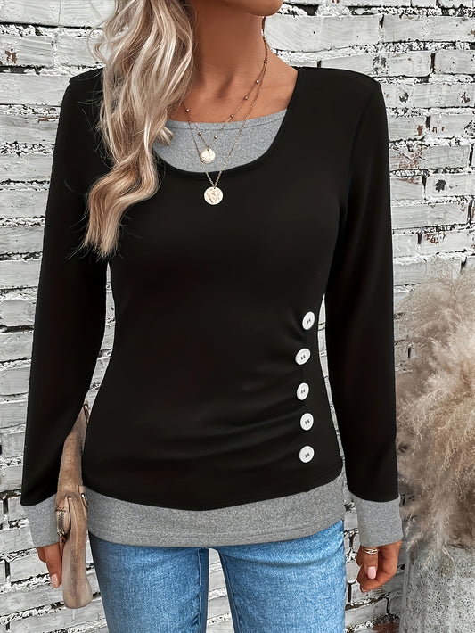 Elegant Square Neck Long Sleeve T-Shirt for Women - Solid Color Knit Fabric Top with Fake Buttons, Polyester & Spandex Blend, Regular Length for Fall/Winte